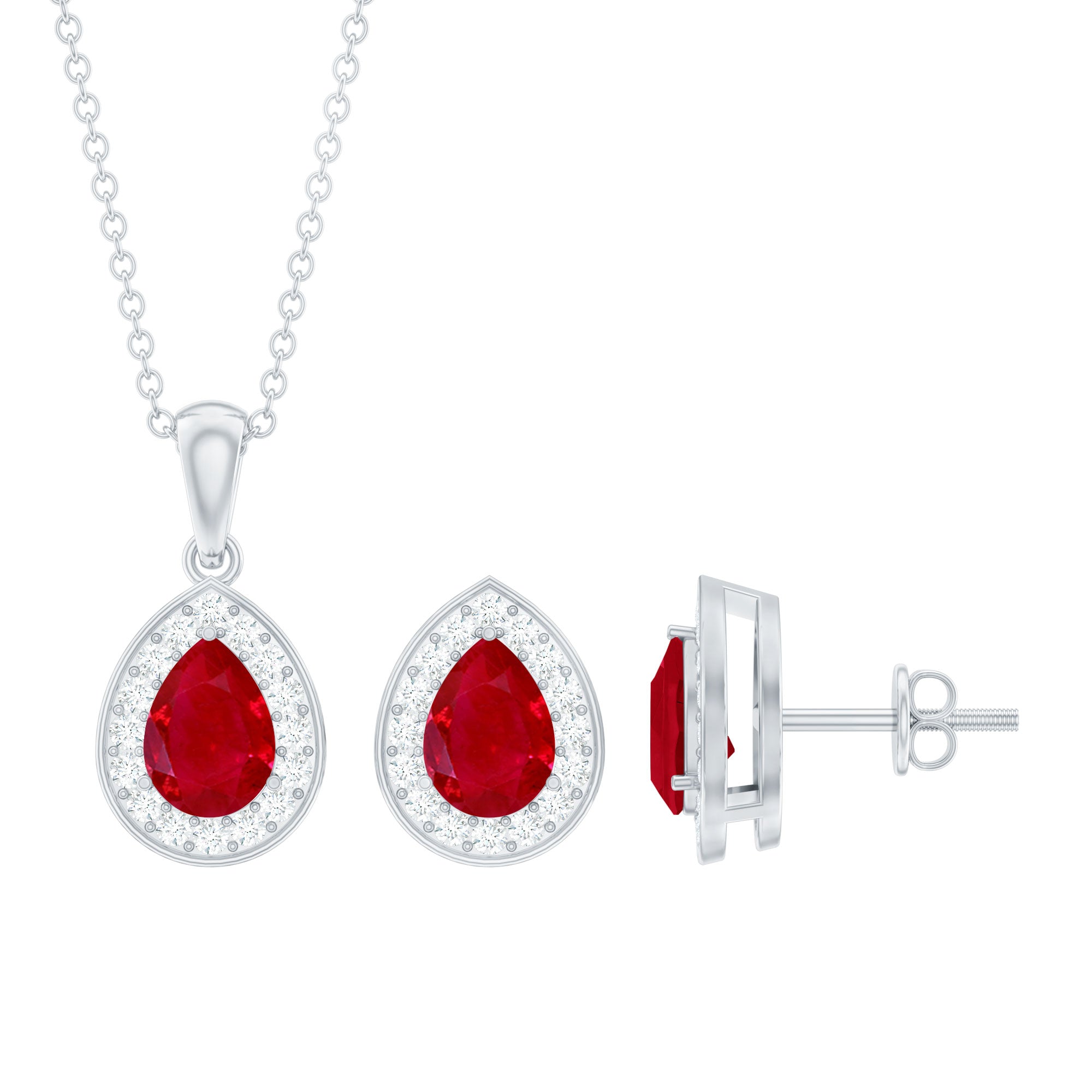 Genuine 2.6 Carat Pear Cut Ruby and Moissanite Halo Pendant and Earrings Set AAA - Rosec Jewels