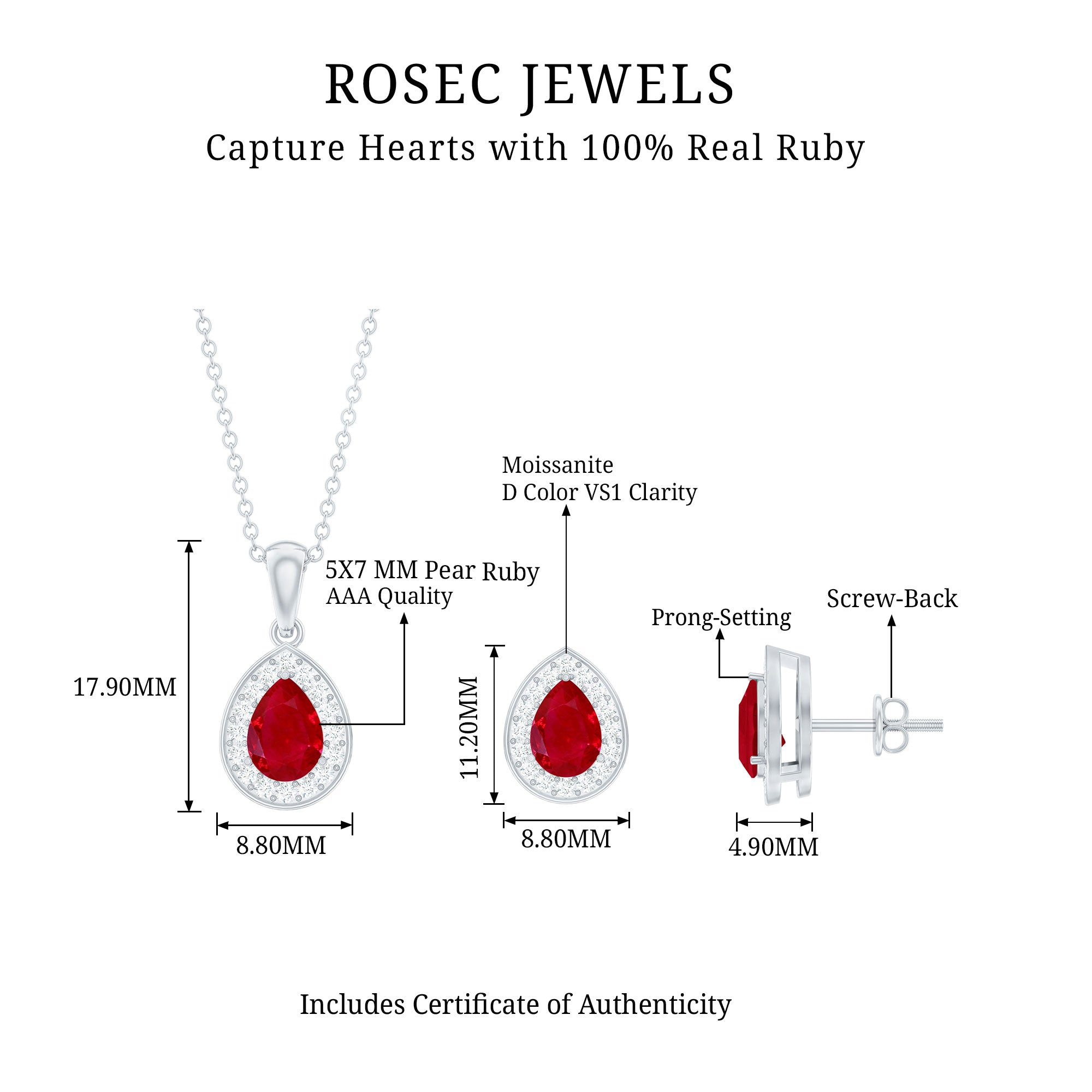 Genuine 2.6 Carat Pear Cut Ruby and Moissanite Halo Pendant and Earrings Set AAA - Rosec Jewels