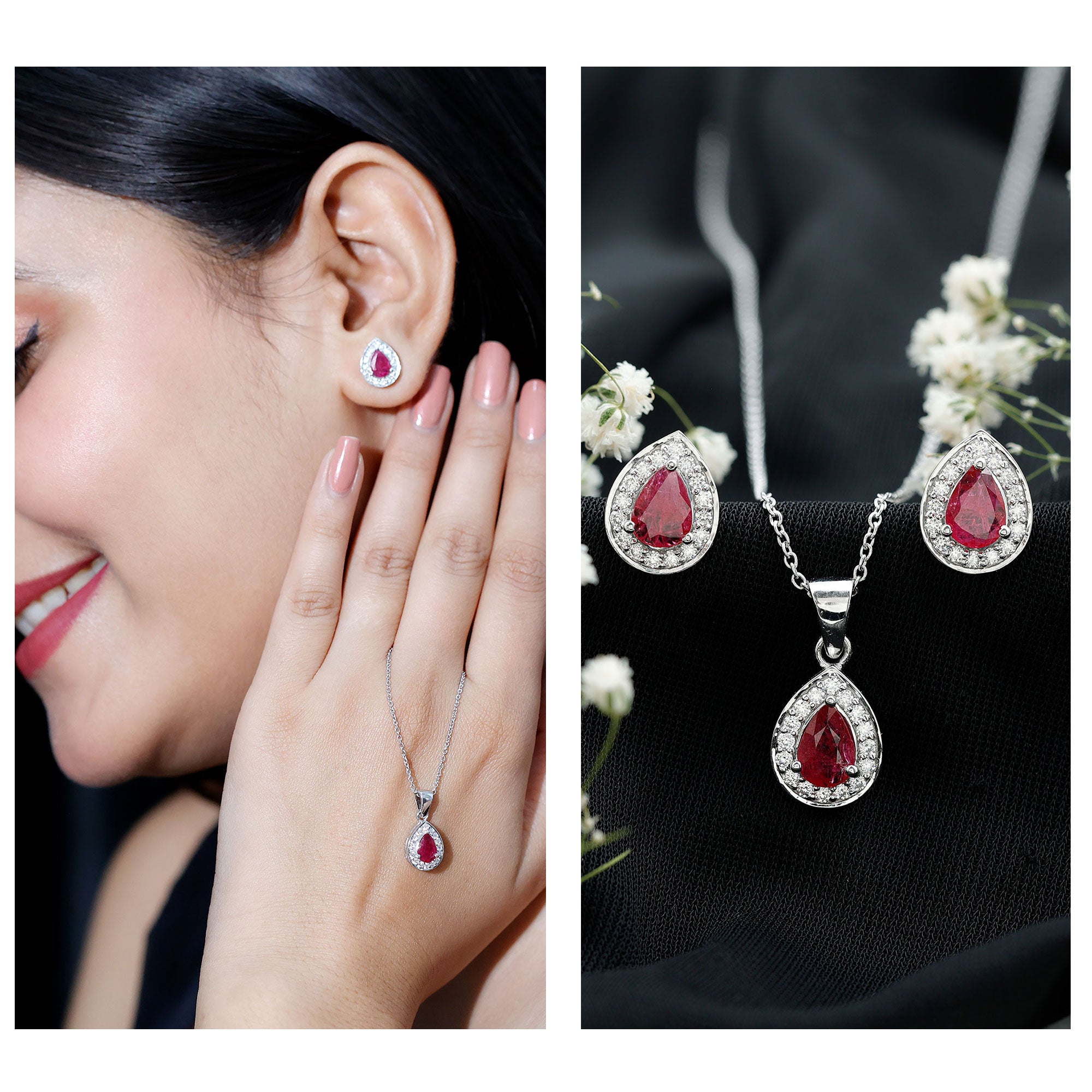 Genuine 2.6 Carat Pear Cut Ruby and Moissanite Halo Pendant and Earrings Set AAA - Rosec Jewels
