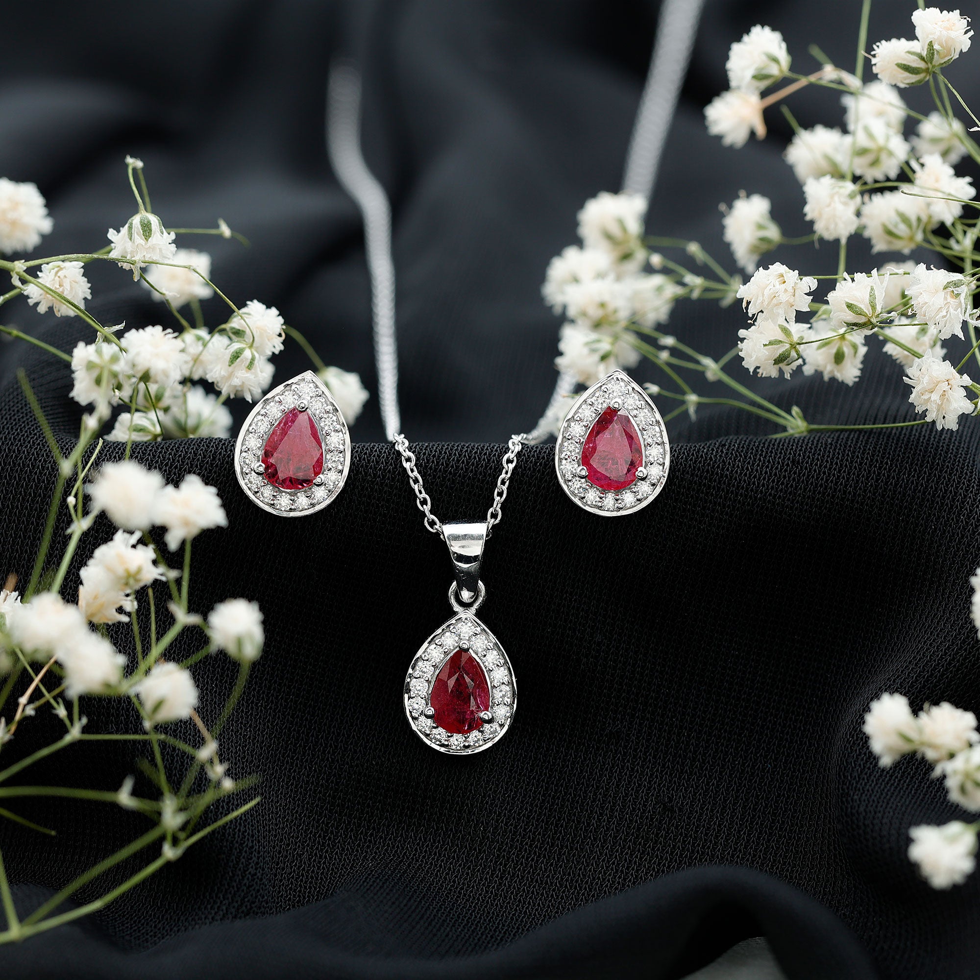 Genuine 2.6 Carat Pear Cut Ruby and Moissanite Halo Pendant and Earrings Set AAA - Rosec Jewels