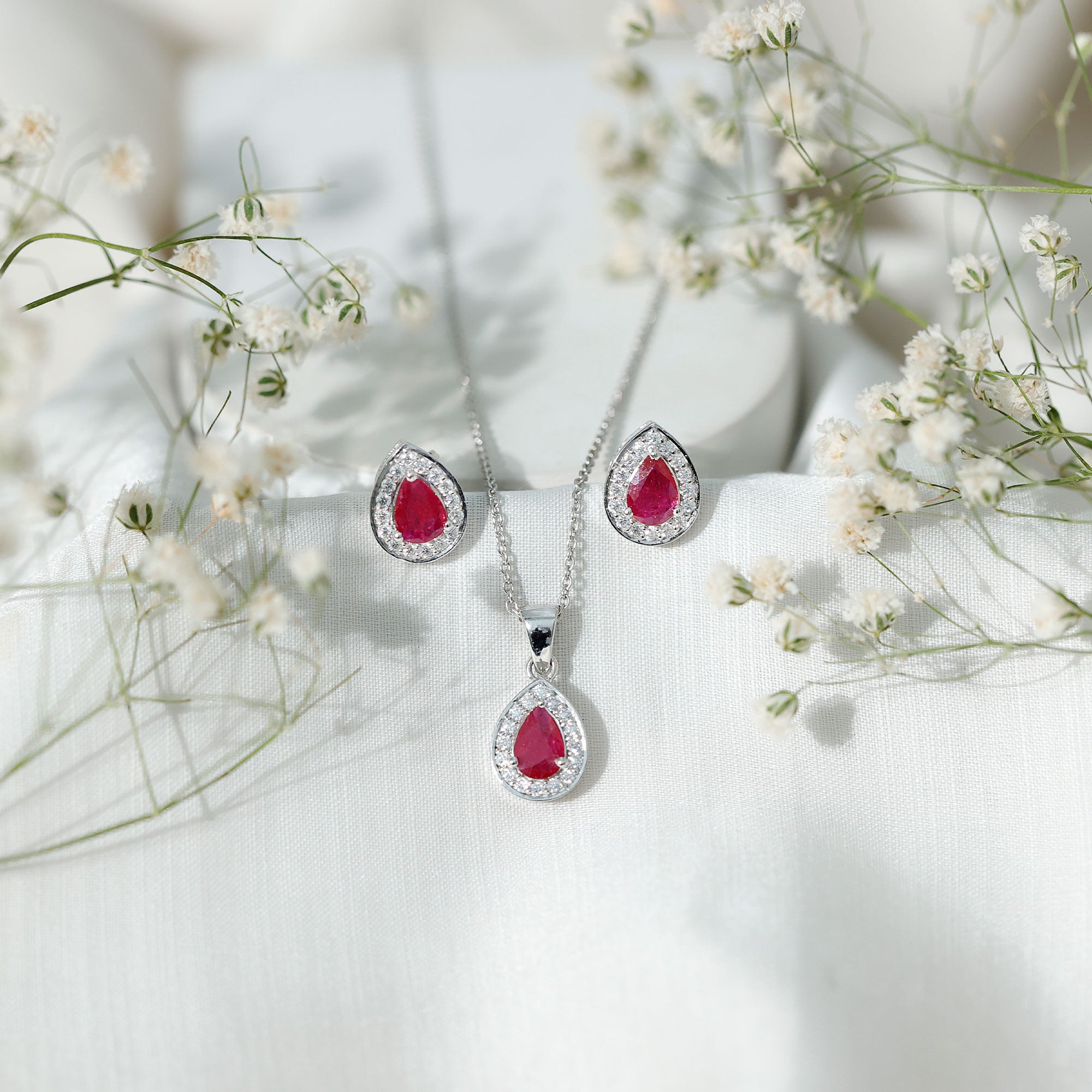 Genuine 2.6 Carat Pear Cut Ruby and Moissanite Halo Pendant and Earrings Set AAA - Rosec Jewels