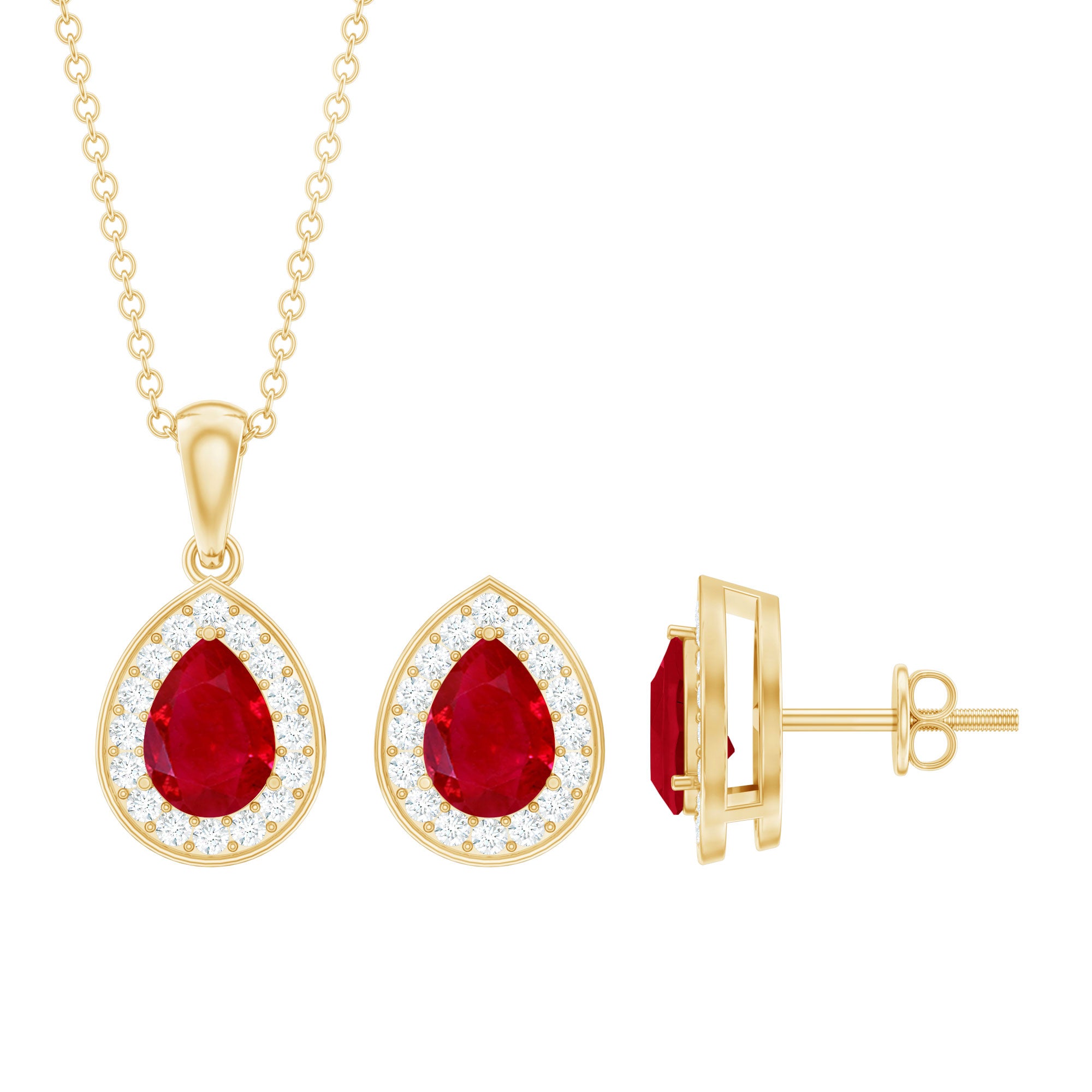 Genuine 2.6 Carat Pear Cut Ruby and Moissanite Halo Pendant and Earrings Set AAA - Rosec Jewels