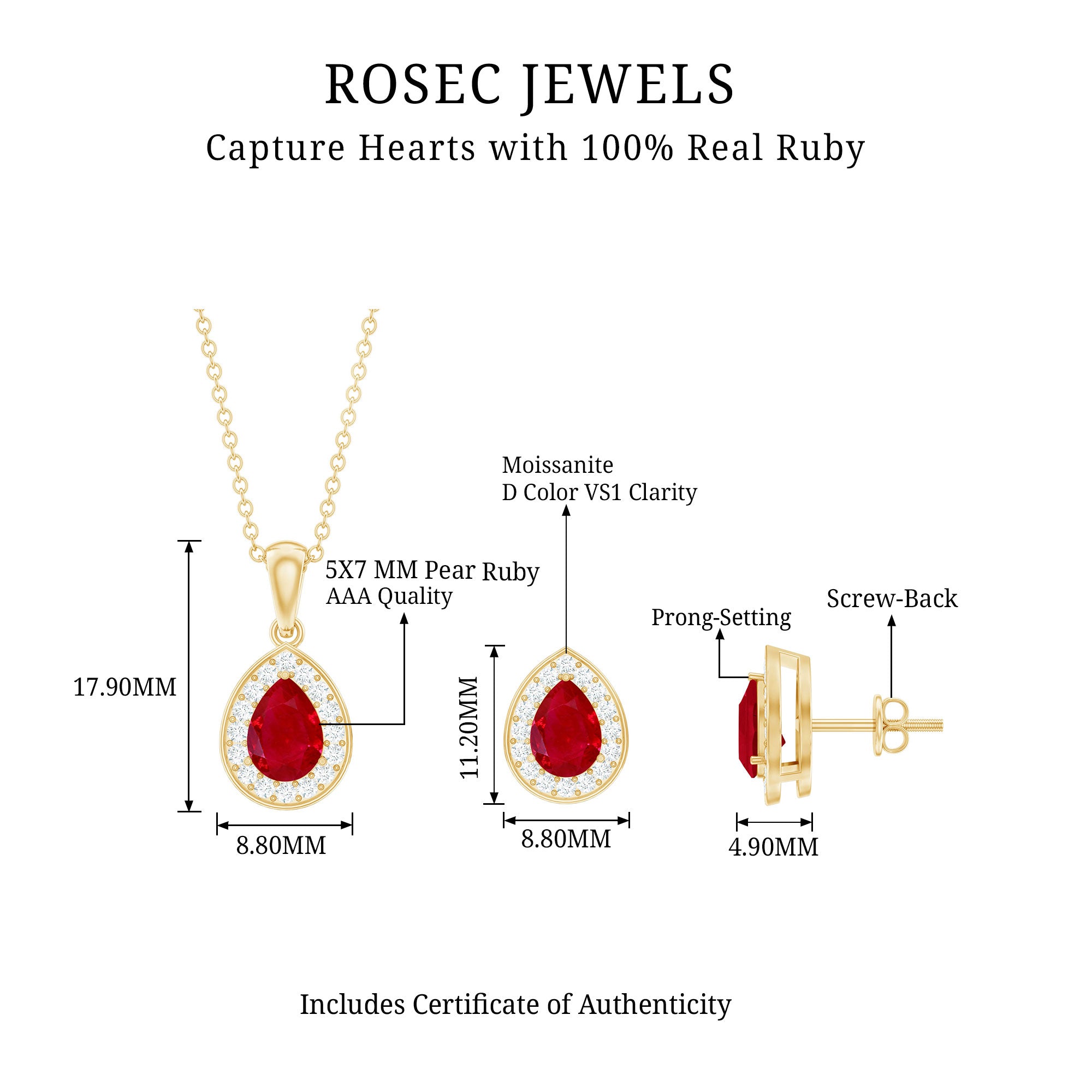 Genuine 2.6 Carat Pear Cut Ruby and Moissanite Halo Pendant and Earrings Set AAA - Rosec Jewels
