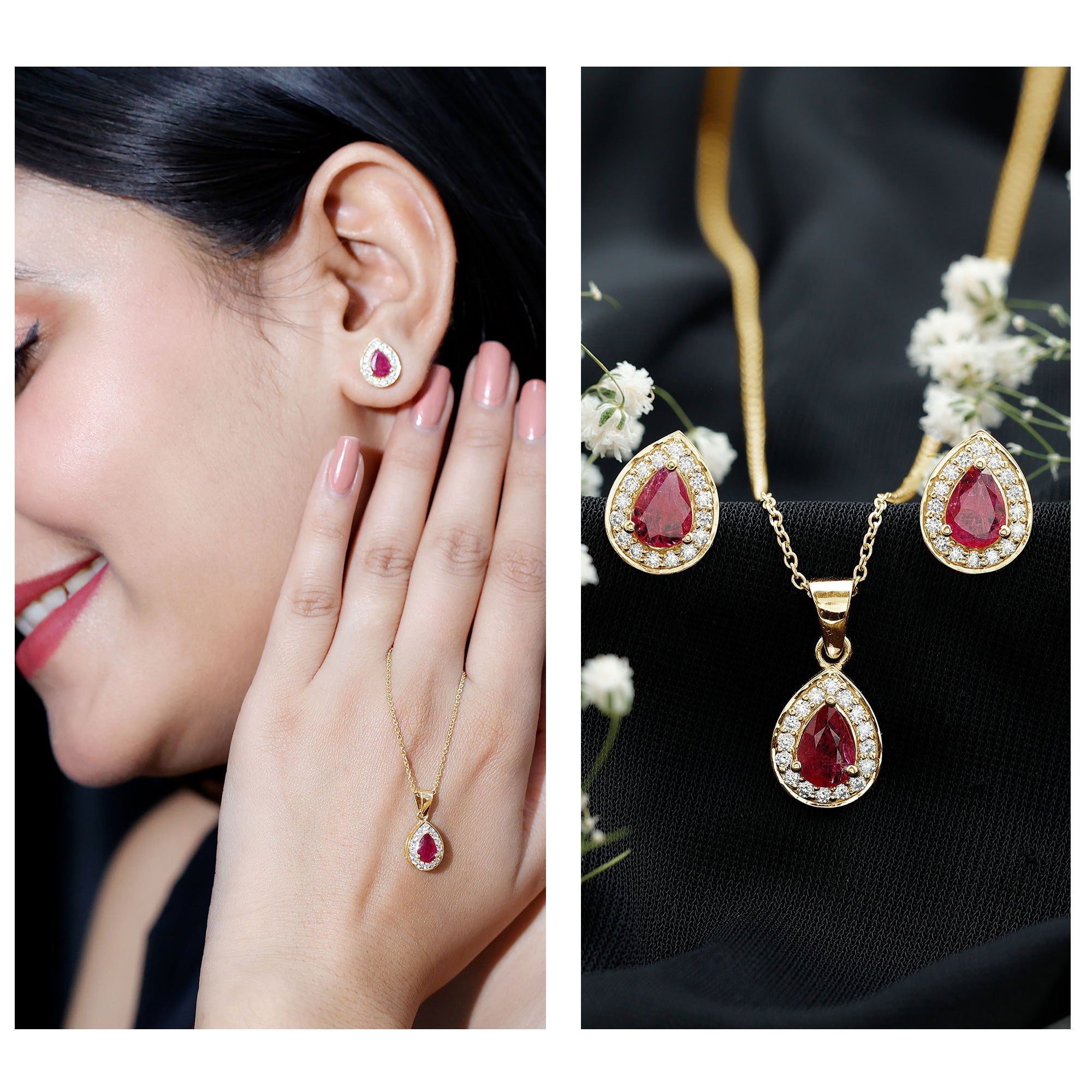 Genuine 2.6 Carat Pear Cut Ruby and Moissanite Halo Pendant and Earrings Set AAA - Rosec Jewels