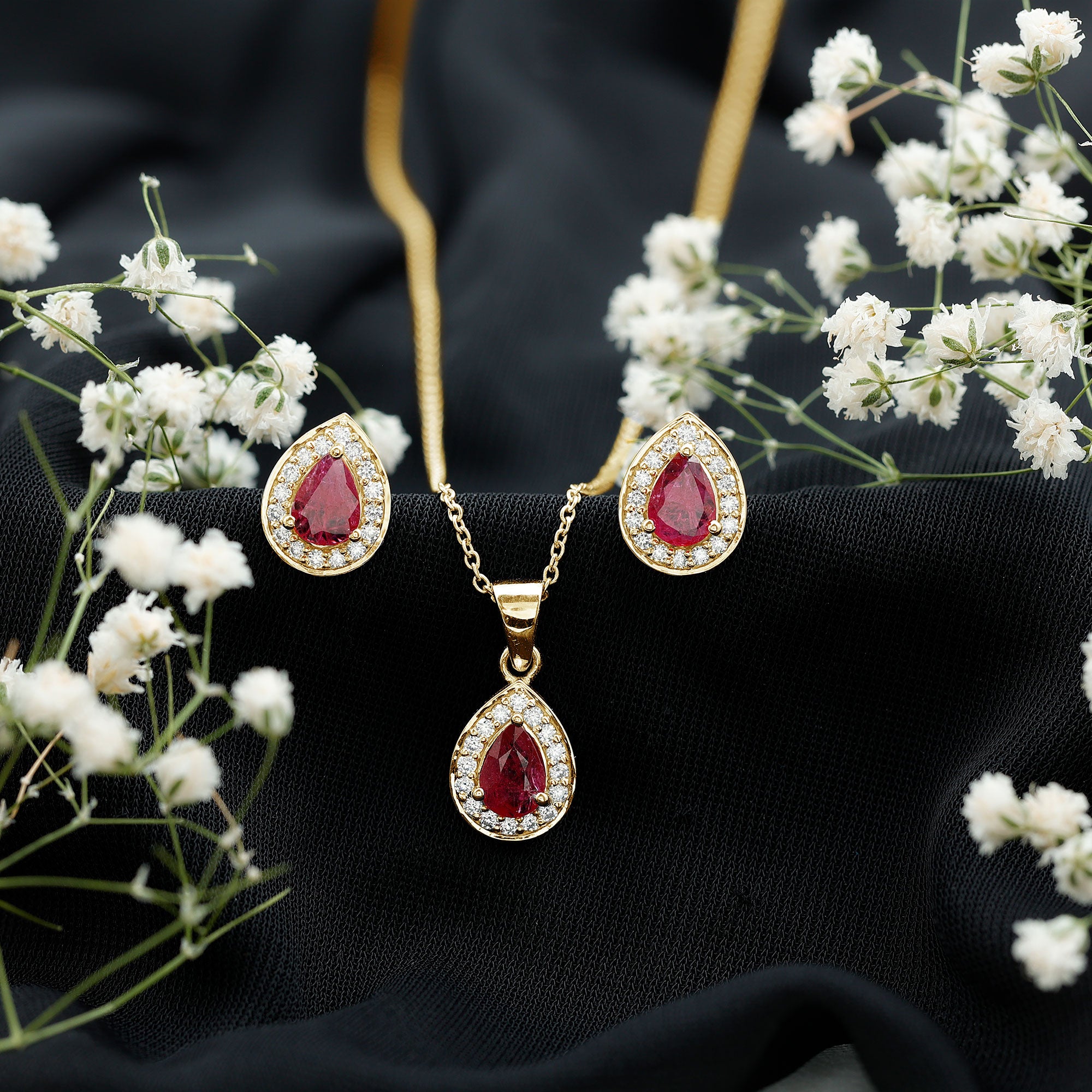 Genuine 2.6 Carat Pear Cut Ruby and Moissanite Halo Pendant and Earrings Set AAA - Rosec Jewels