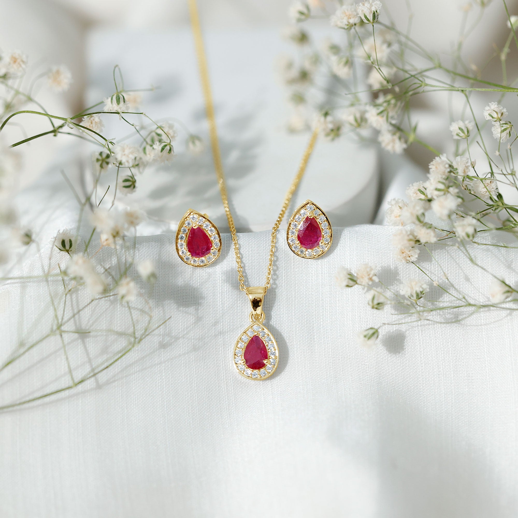 Genuine 2.6 Carat Pear Cut Ruby and Moissanite Halo Pendant and Earrings Set AAA - Rosec Jewels