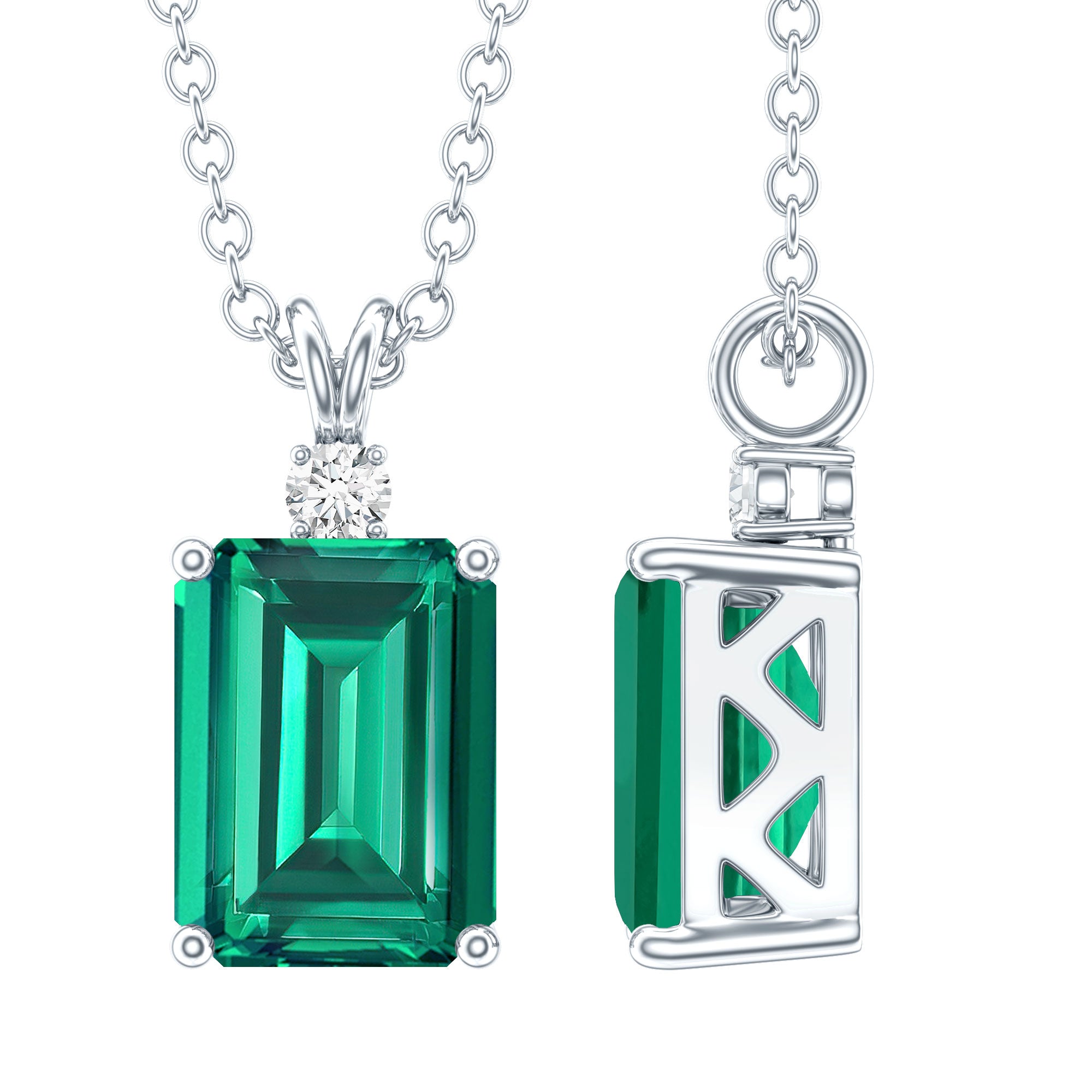 1.6 Carat Emerald Cut Lab Created Emerald Solitaire Necklace with Diamond AAAA - Rosec Jewels