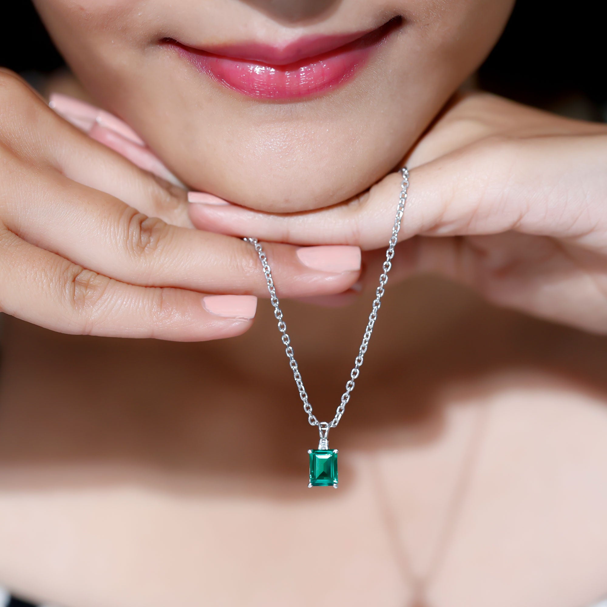 1.6 Carat Emerald Cut Lab Created Emerald Solitaire Necklace with Diamond AAAA - Rosec Jewels