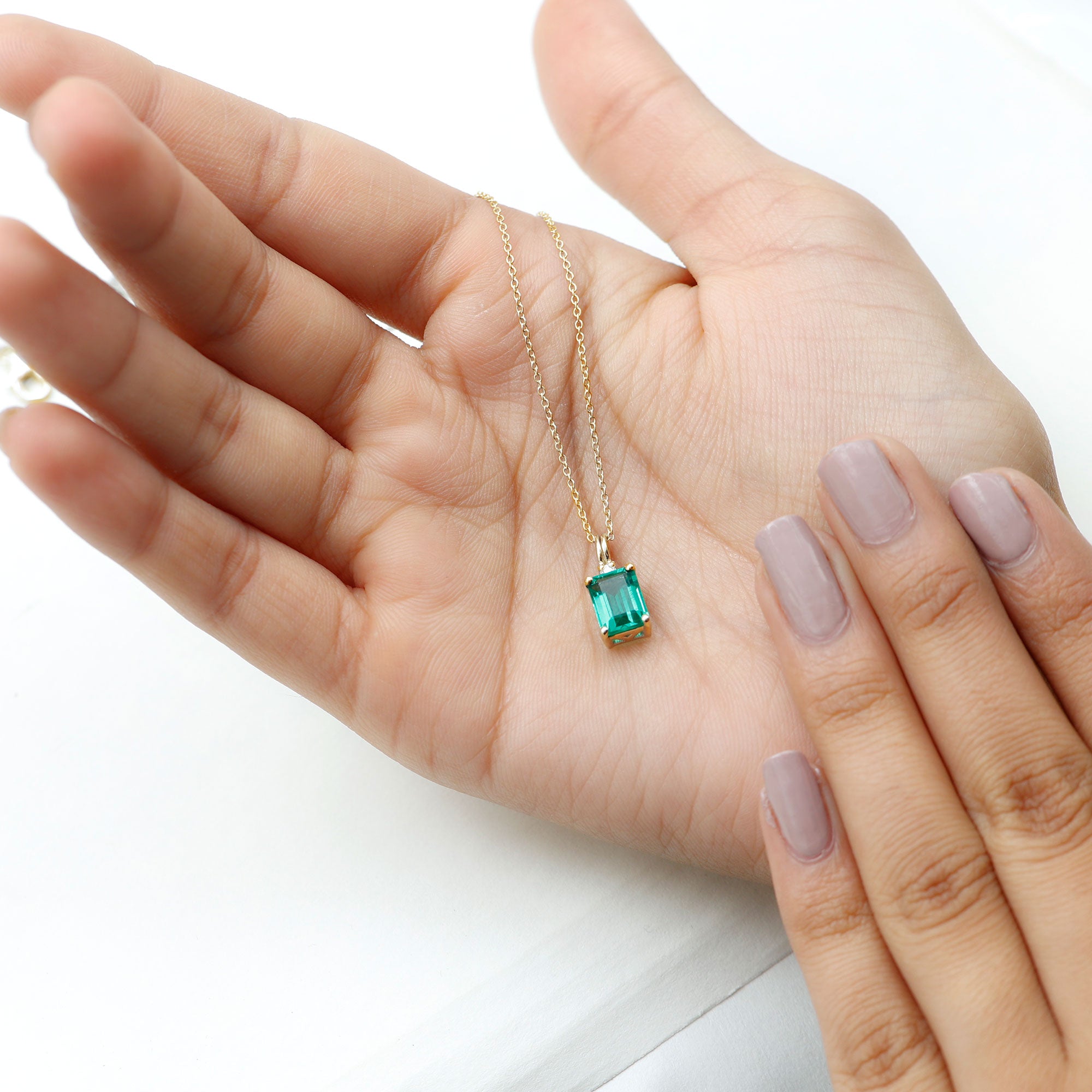 1.6 Carat Emerald Cut Lab Created Emerald Solitaire Necklace with Diamond AAAA - Rosec Jewels