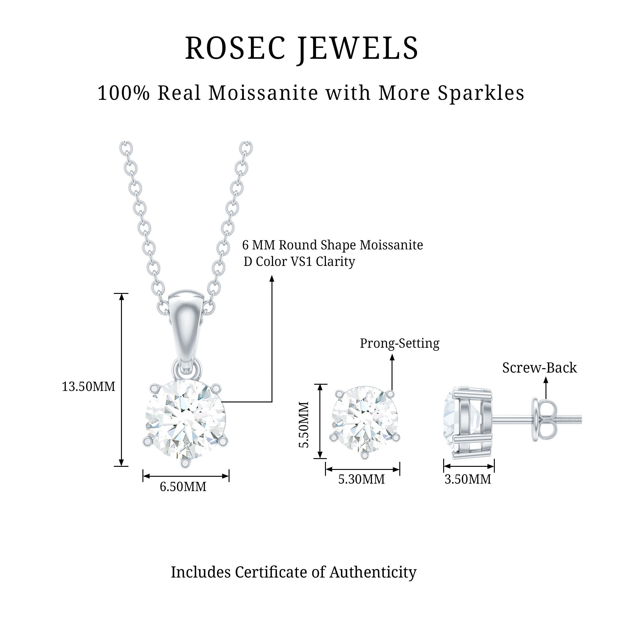 2 CT Round Shape Moissanite Solitaire Jewelry Set D-VS1 - Rosec Jewels