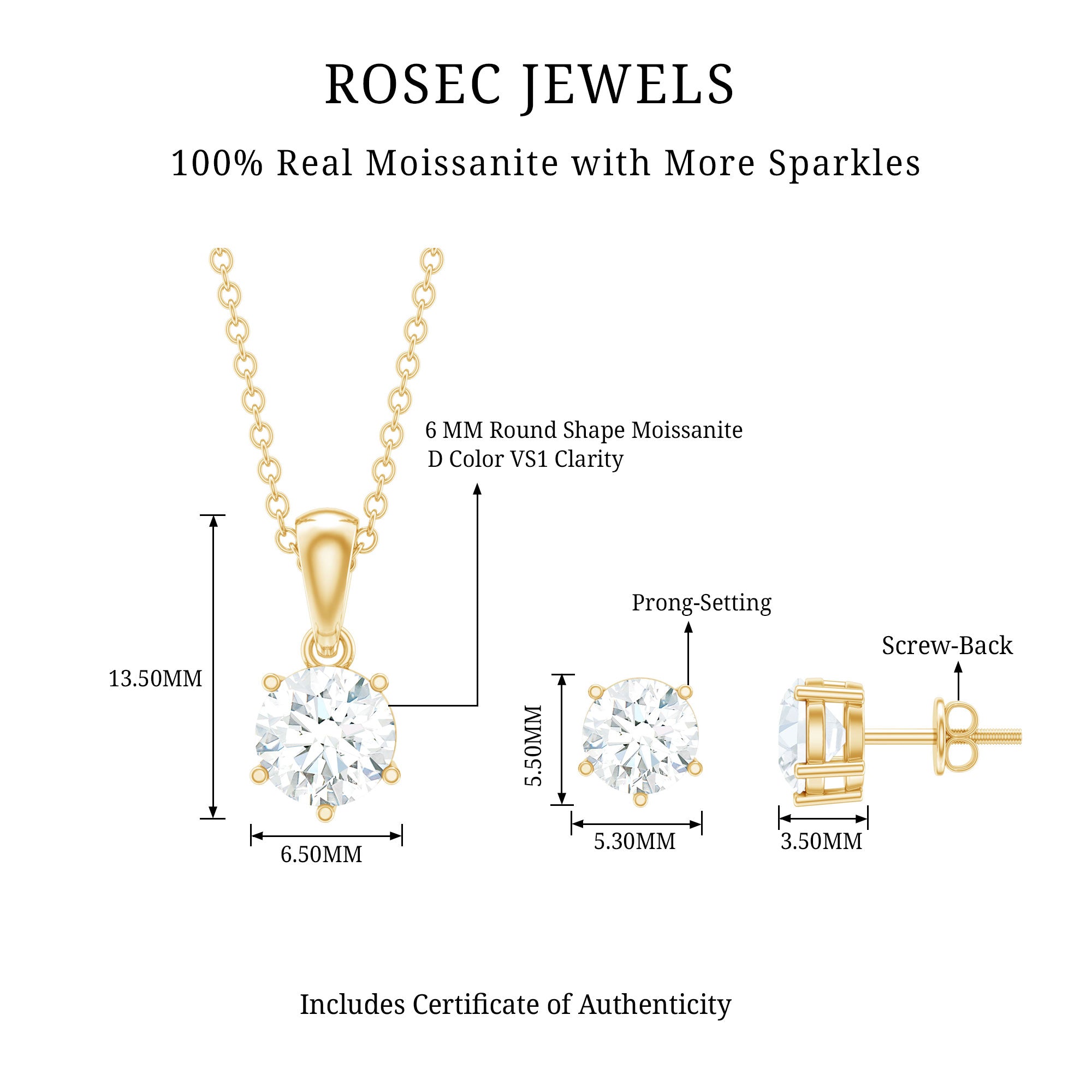 2 CT Round Shape Moissanite Solitaire Jewelry Set D-VS1 - Rosec Jewels