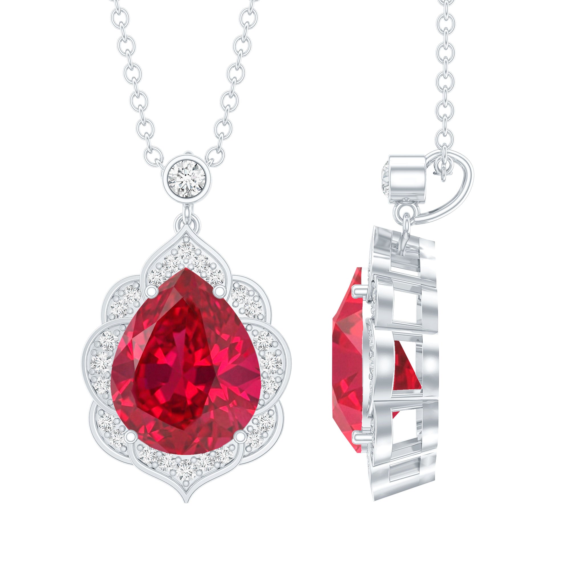 Certified Lab Grown Ruby Vintage Inspired Necklace with Diamond Halo AAAA - Rosec Jewels