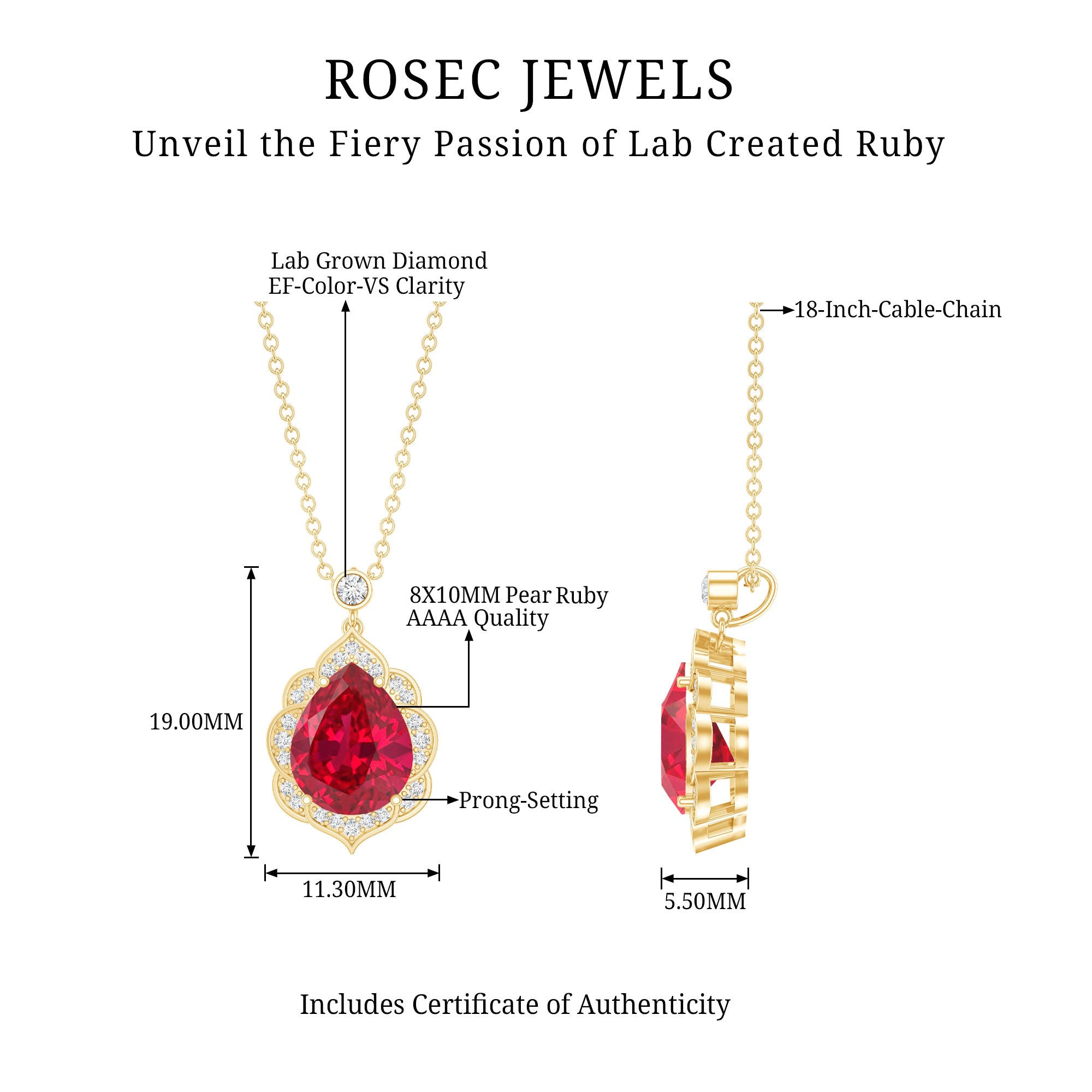 Certified Lab Grown Ruby Vintage Inspired Necklace with Diamond Halo AAAA - Rosec Jewels