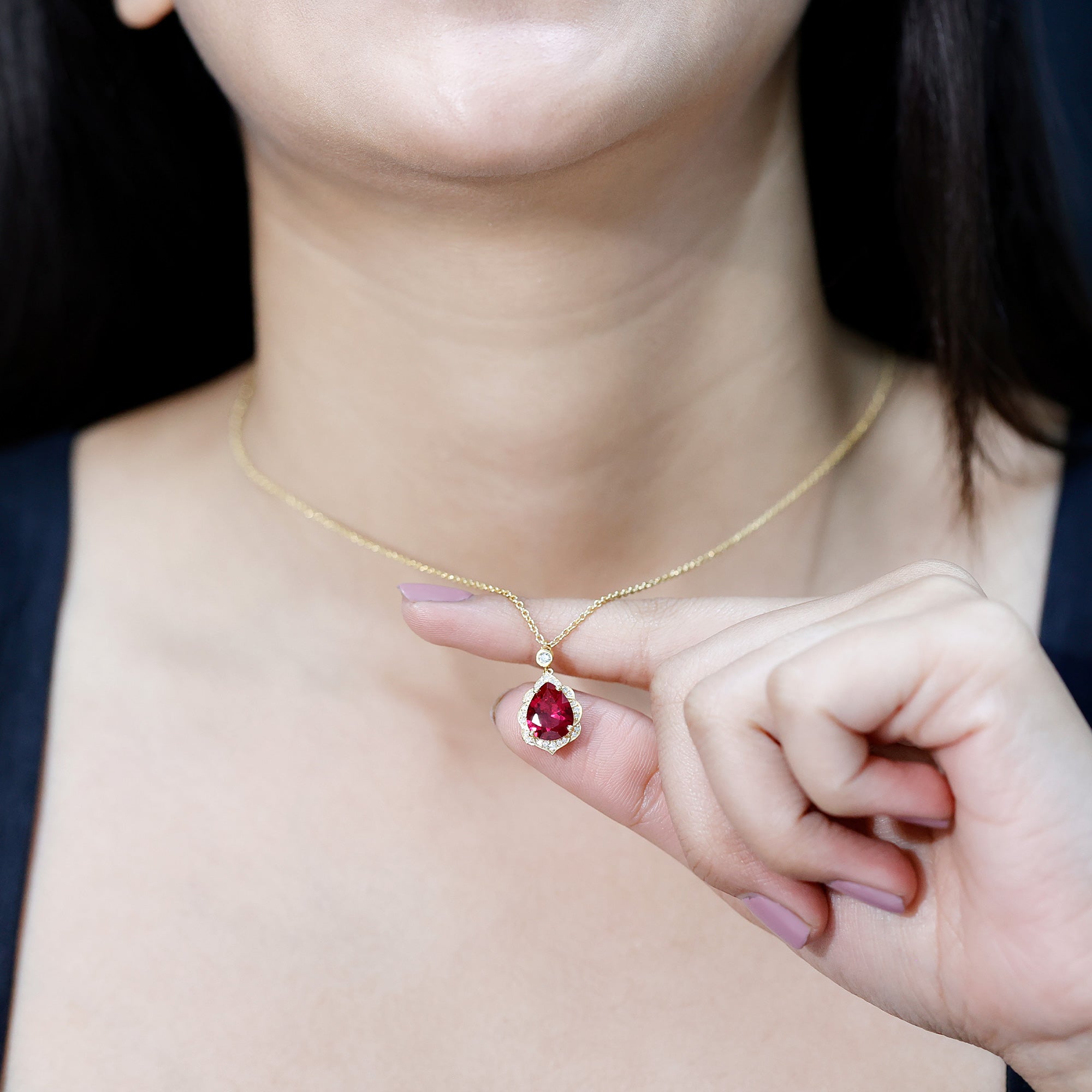 Certified Lab Grown Ruby Vintage Inspired Necklace with Diamond Halo AAAA - Rosec Jewels