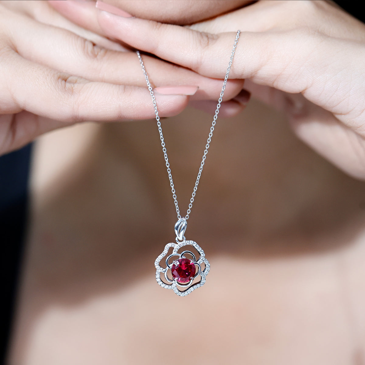 Certified Lab Grown Ruby Rose Pendant Necklace with Diamond Accent AAAA - Rosec Jewels