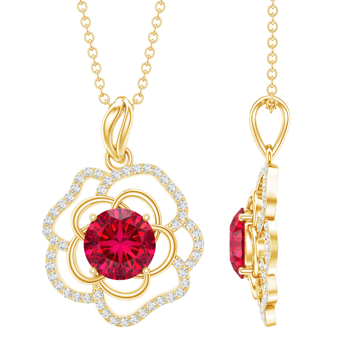 Certified Lab Grown Ruby Rose Pendant Necklace with Diamond Accent AAAA - Rosec Jewels