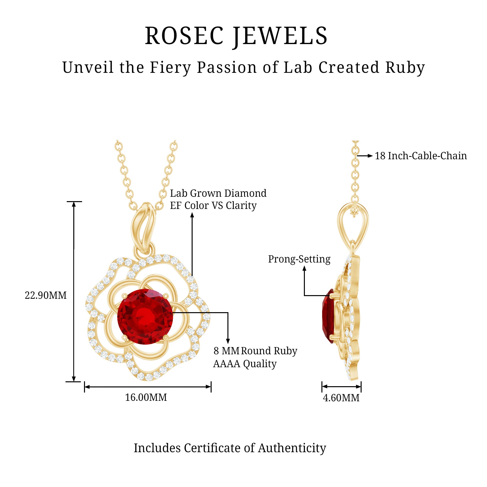 Certified Lab Grown Ruby Rose Pendant Necklace with Diamond Accent AAAA - Rosec Jewels
