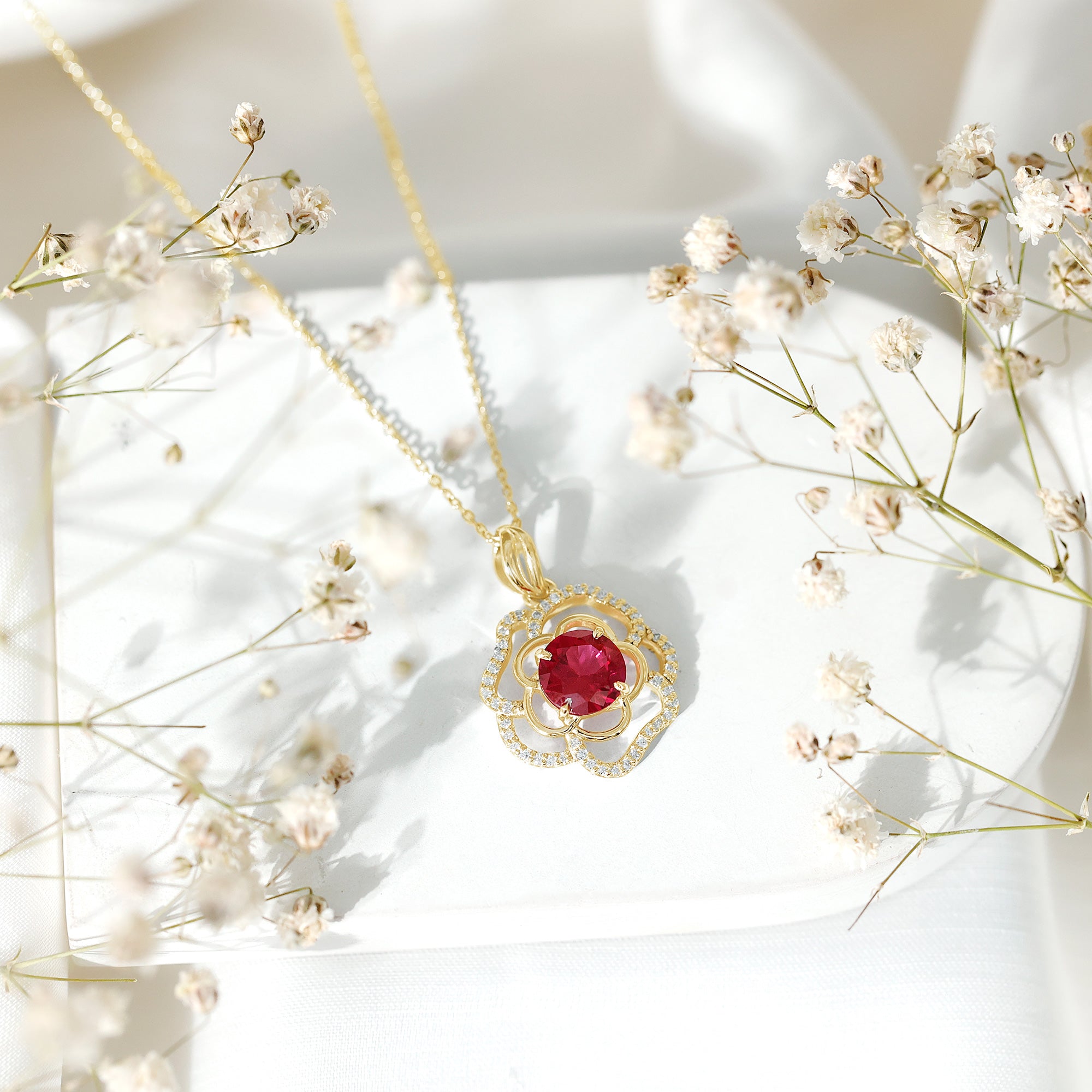 Certified Lab Grown Ruby Rose Pendant Necklace with Diamond Accent AAAA - Rosec Jewels