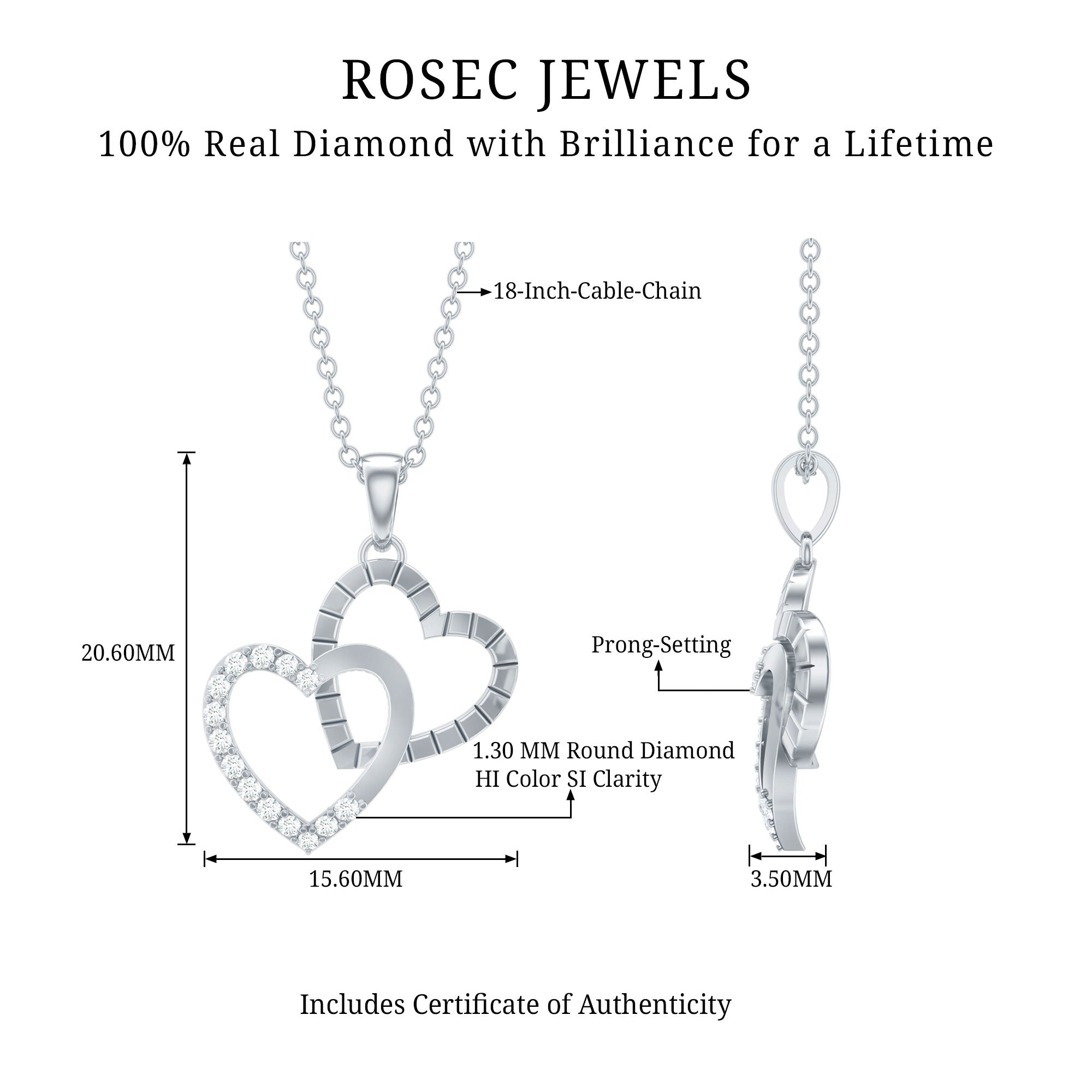 Pave Set Diamond Double Heart Necklace Natural - ( HI-SI ) - Rosec Jewels