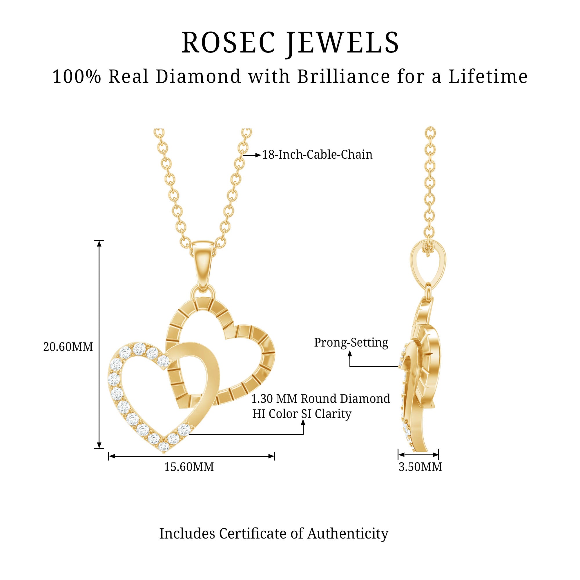 Pave Set Diamond Double Heart Necklace Natural - ( HI-SI ) - Rosec Jewels