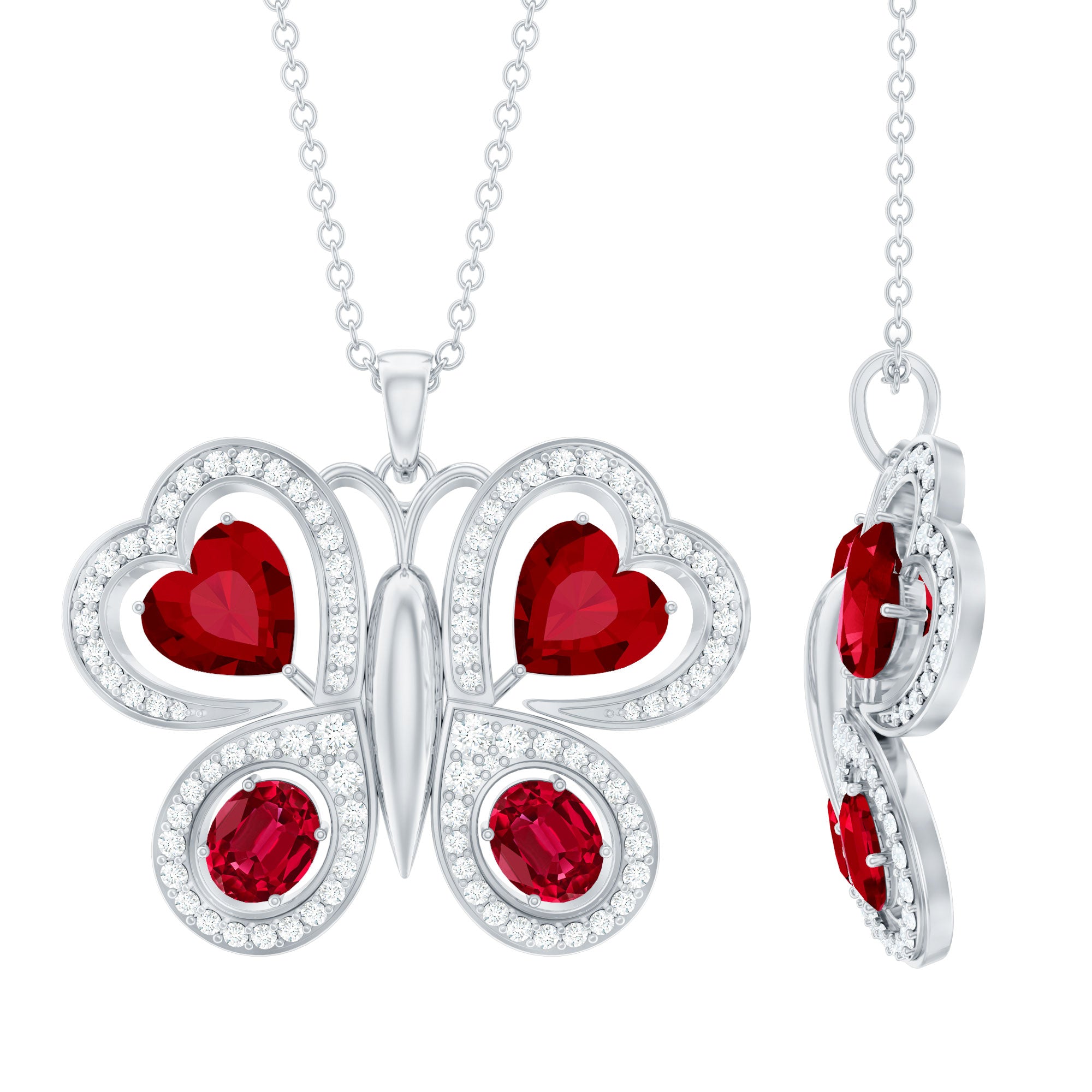 Certified Created Ruby Butterfly Pendant Necklace with Moissanite AAAA - Rosec Jewels