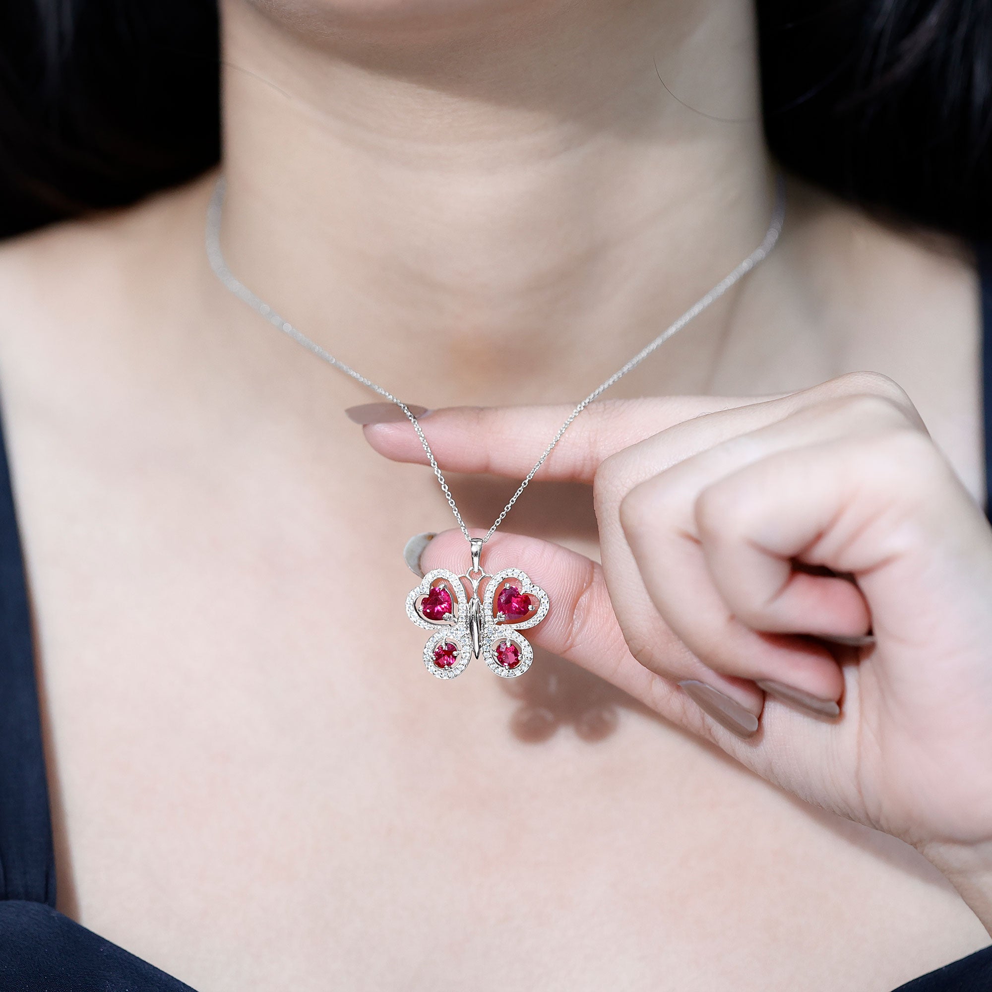 Certified Created Ruby Butterfly Pendant Necklace with Moissanite AAAA - Rosec Jewels