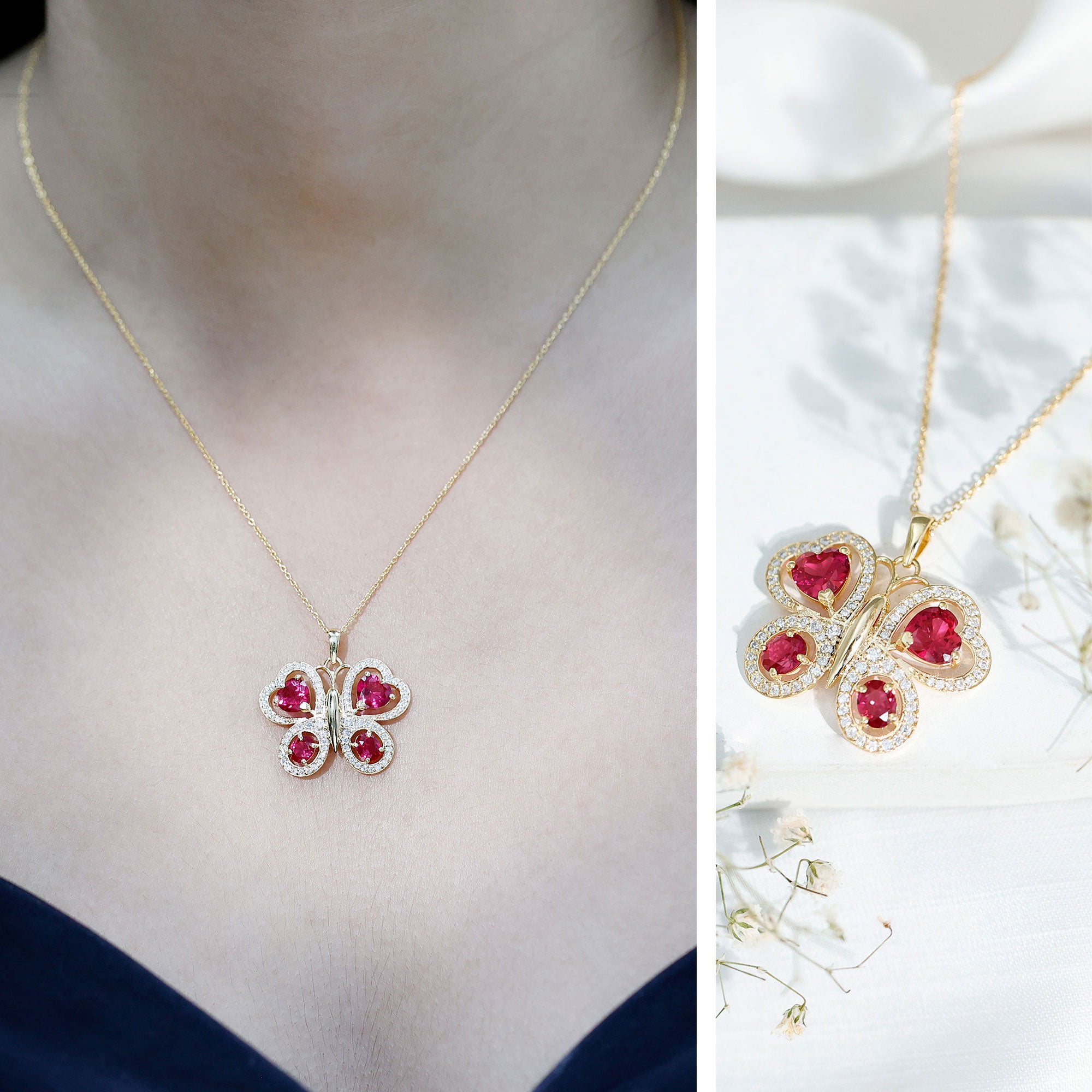 Certified Created Ruby Butterfly Pendant Necklace with Moissanite AAAA - Rosec Jewels