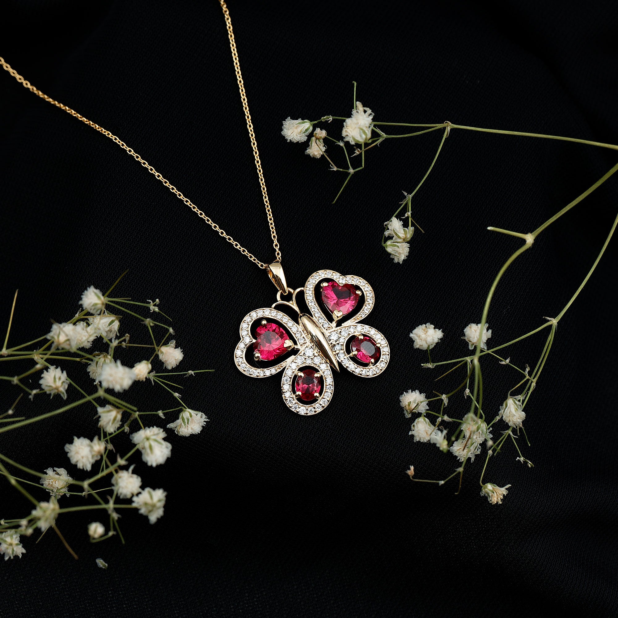 Certified Created Ruby Butterfly Pendant Necklace with Moissanite AAAA - Rosec Jewels
