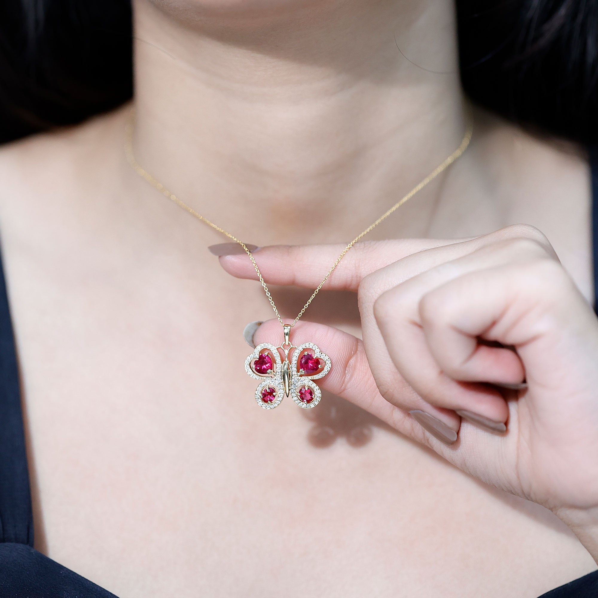 Certified Created Ruby Butterfly Pendant Necklace with Moissanite AAAA - Rosec Jewels
