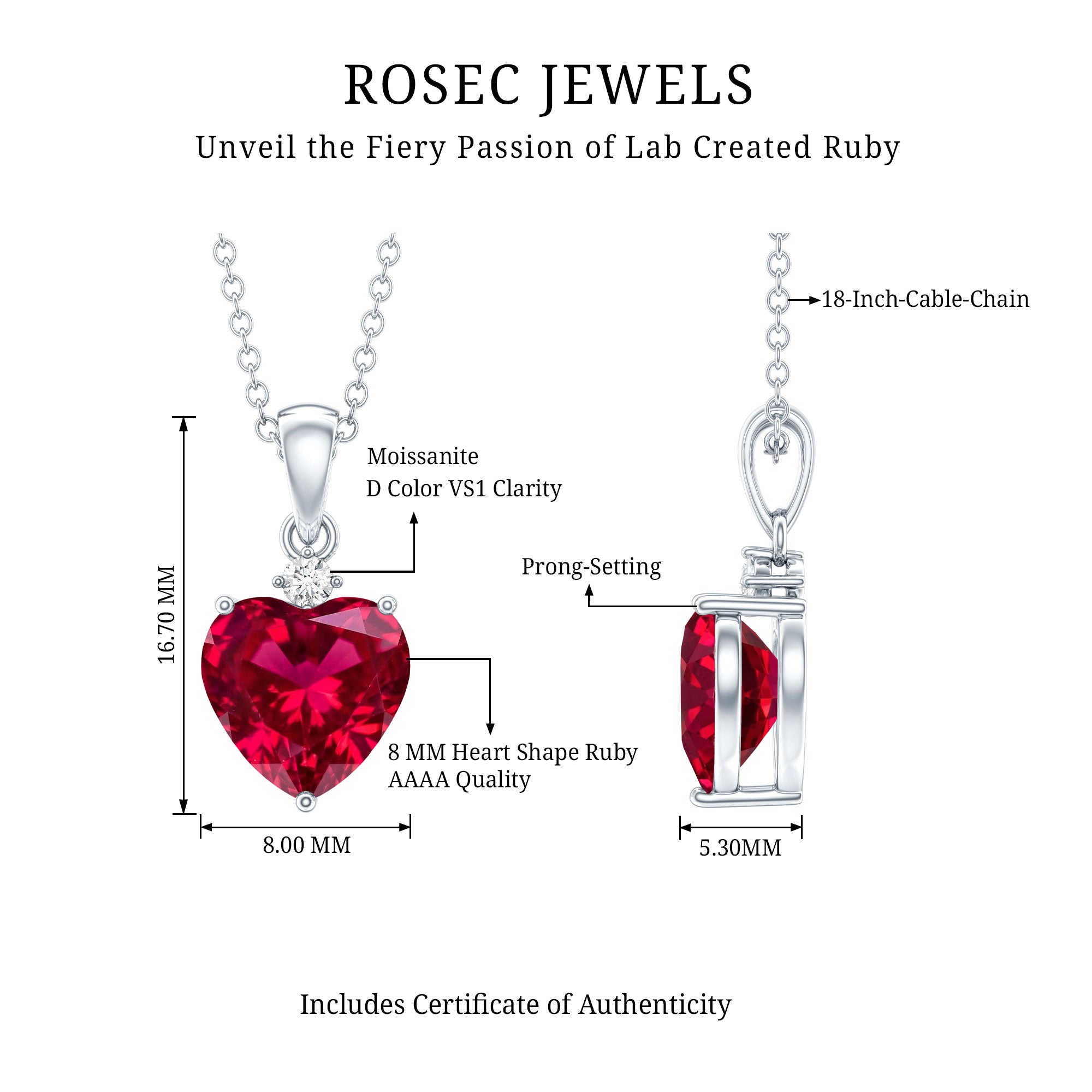 2 CT Lab Grown Ruby Heart Pendant Necklace with Moissanite AAAA - Rosec Jewels