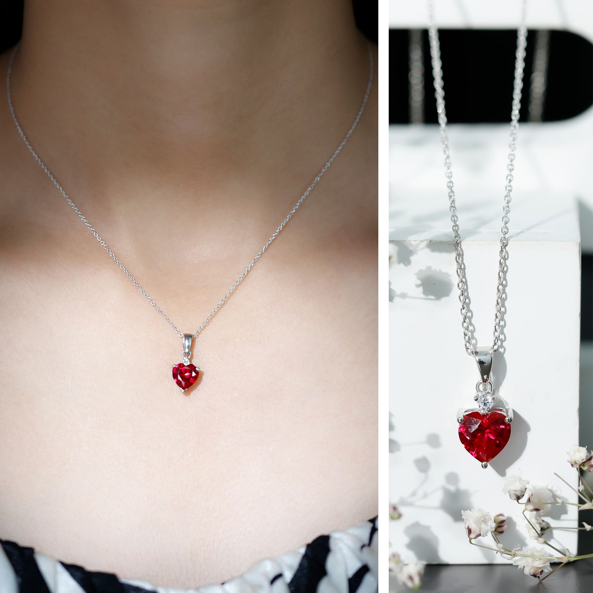 2 CT Lab Grown Ruby Heart Pendant Necklace with Moissanite AAAA - Rosec Jewels