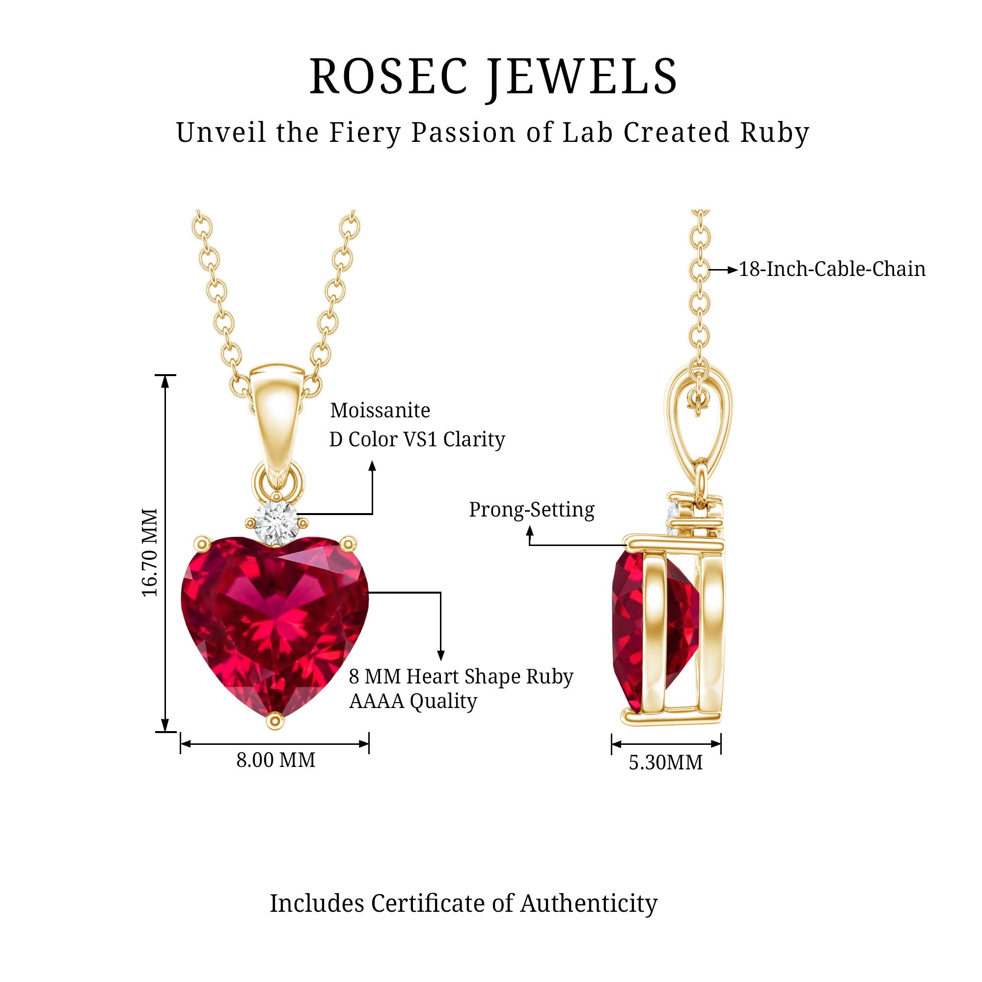 2 CT Lab Grown Ruby Heart Pendant Necklace with Moissanite AAAA - Rosec Jewels