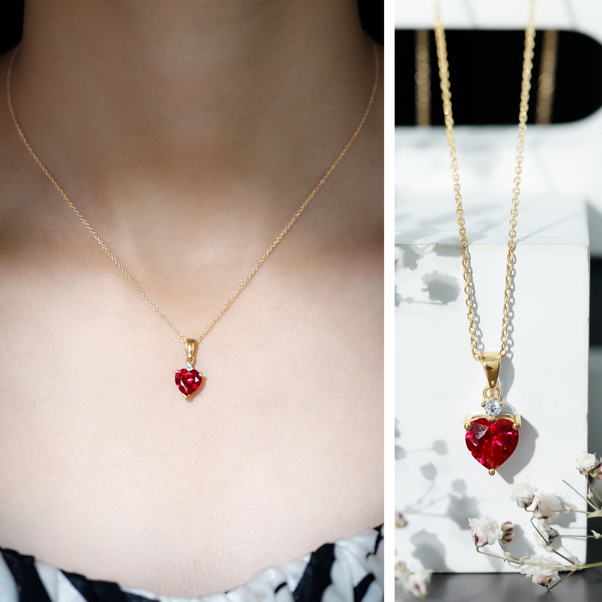 2 CT Lab Grown Ruby Heart Pendant Necklace with Moissanite AAAA - Rosec Jewels