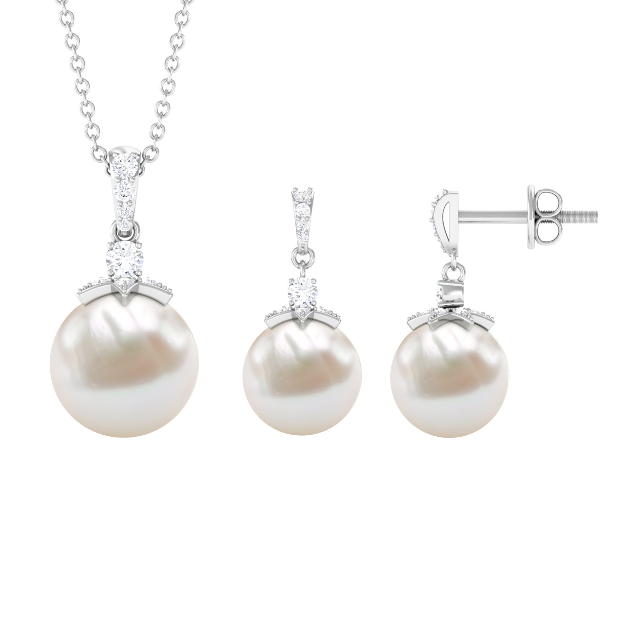 Real Freshwater Pearl and Diamond Drop Pendant and Earrings Set