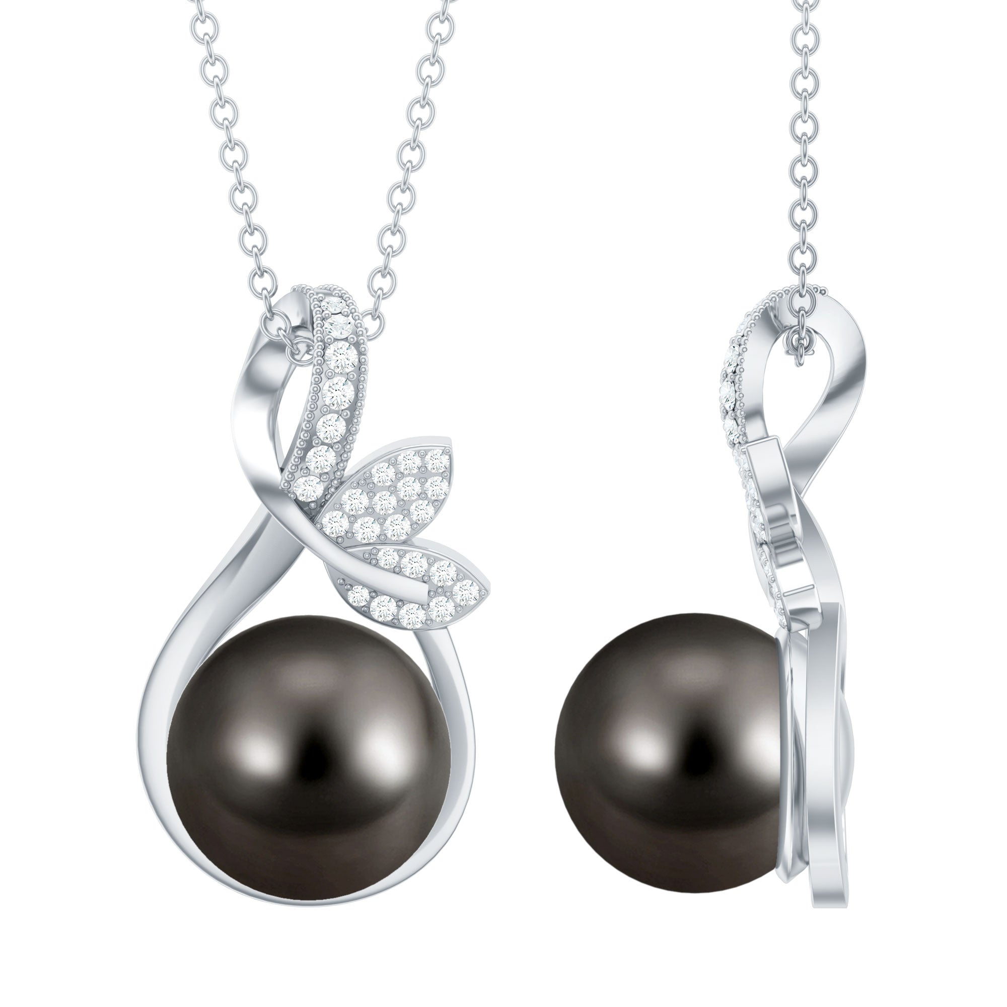 10MM Black Pearl and Diamond Bridal Pendant Necklace AAA - Rosec Jewels