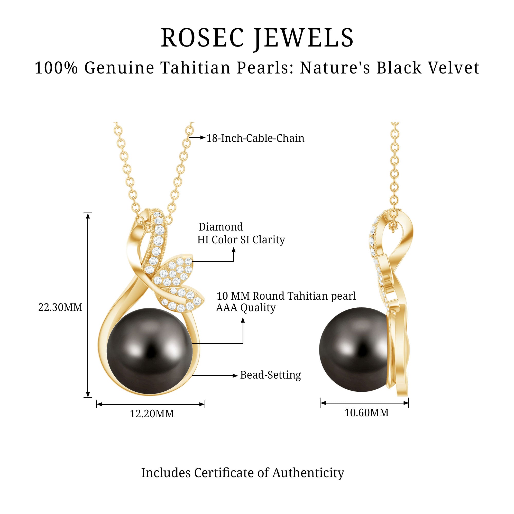 10MM Black Pearl and Diamond Bridal Pendant Necklace AAA - Rosec Jewels
