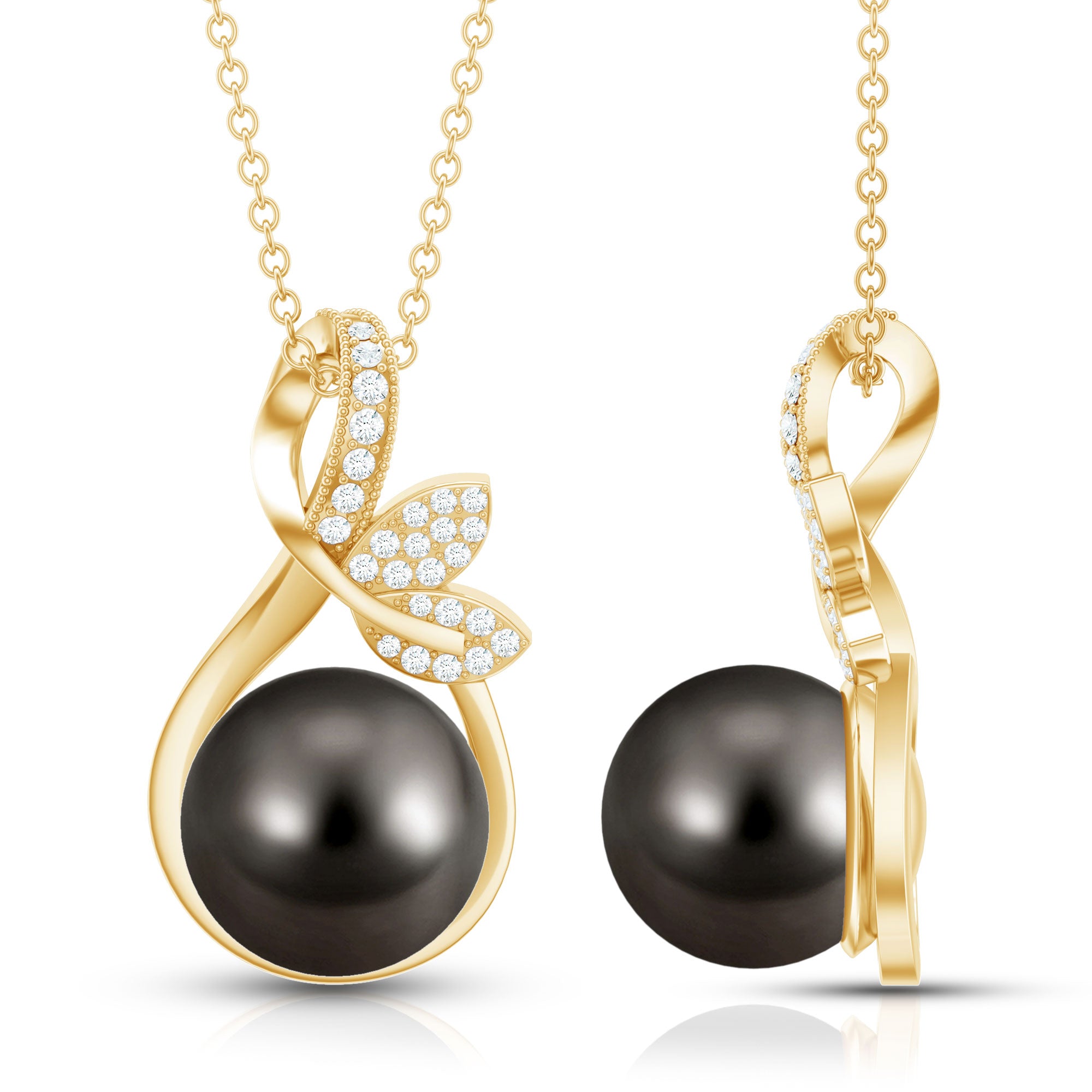 10MM Black Pearl and Diamond Bridal Pendant Necklace AAA - Rosec Jewels