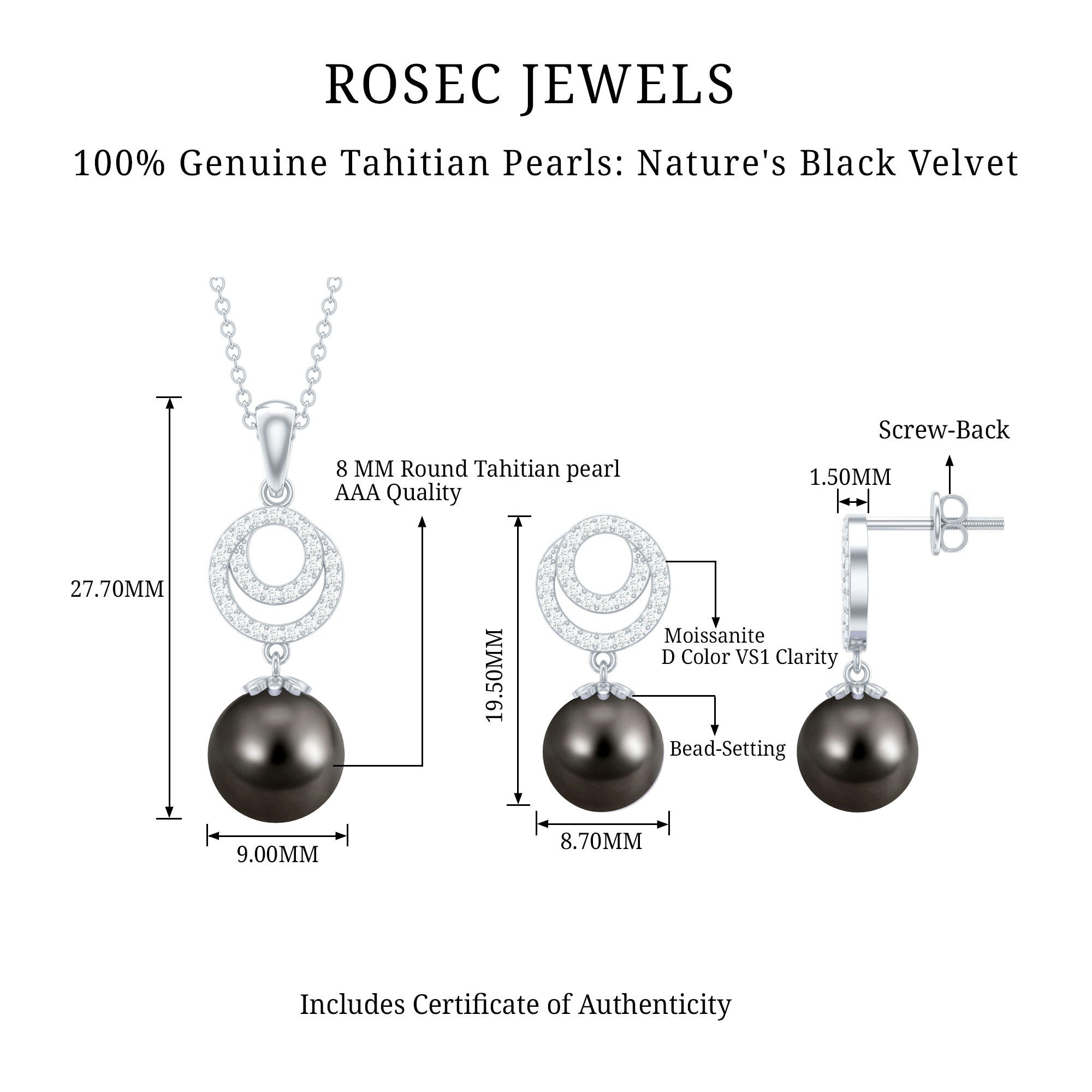 Genuine Tahitian Black Pearl Drop Jewelry Set with Certificate AAA - Rosec Jewels