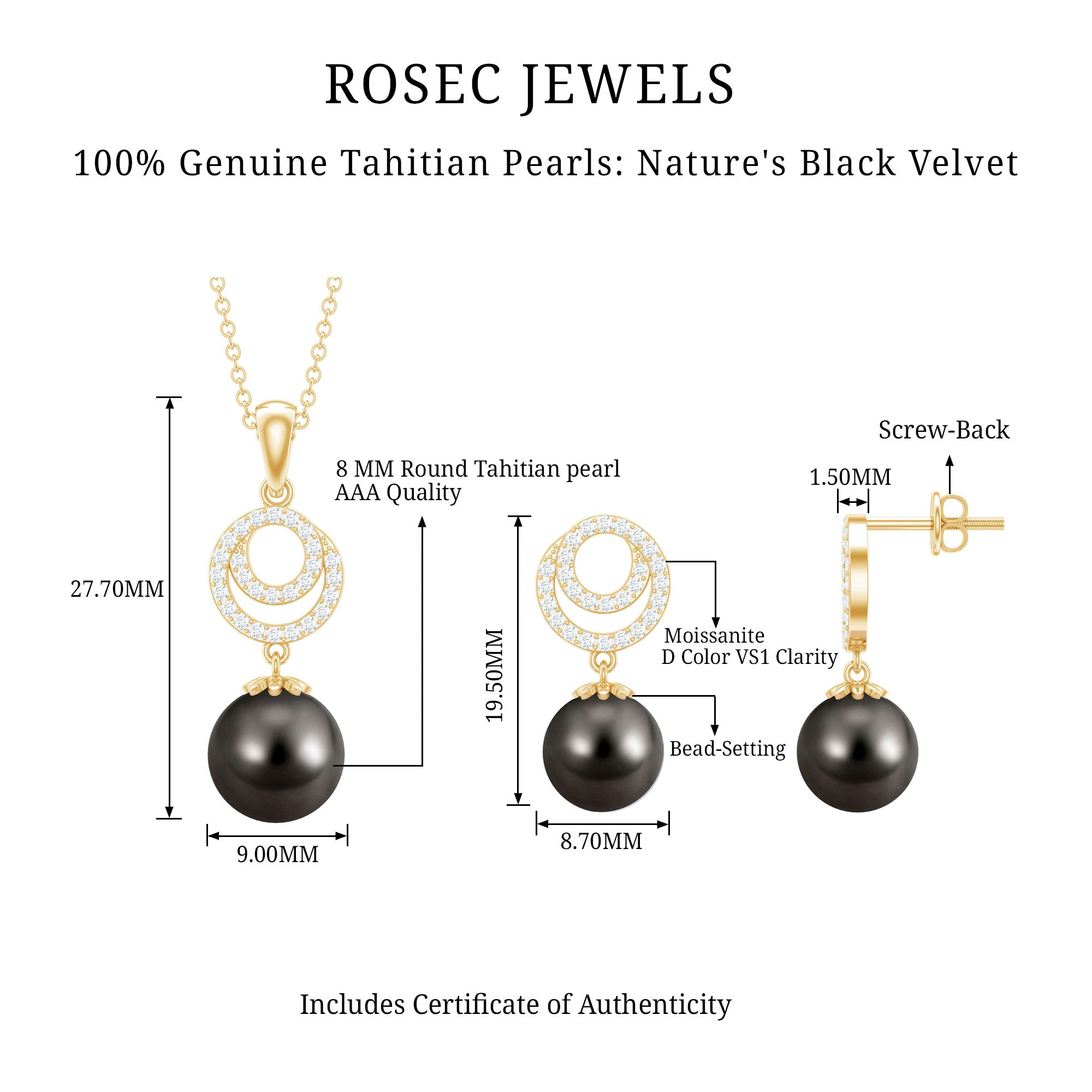 Genuine Tahitian Black Pearl Drop Jewelry Set with Certificate AAA - Rosec Jewels