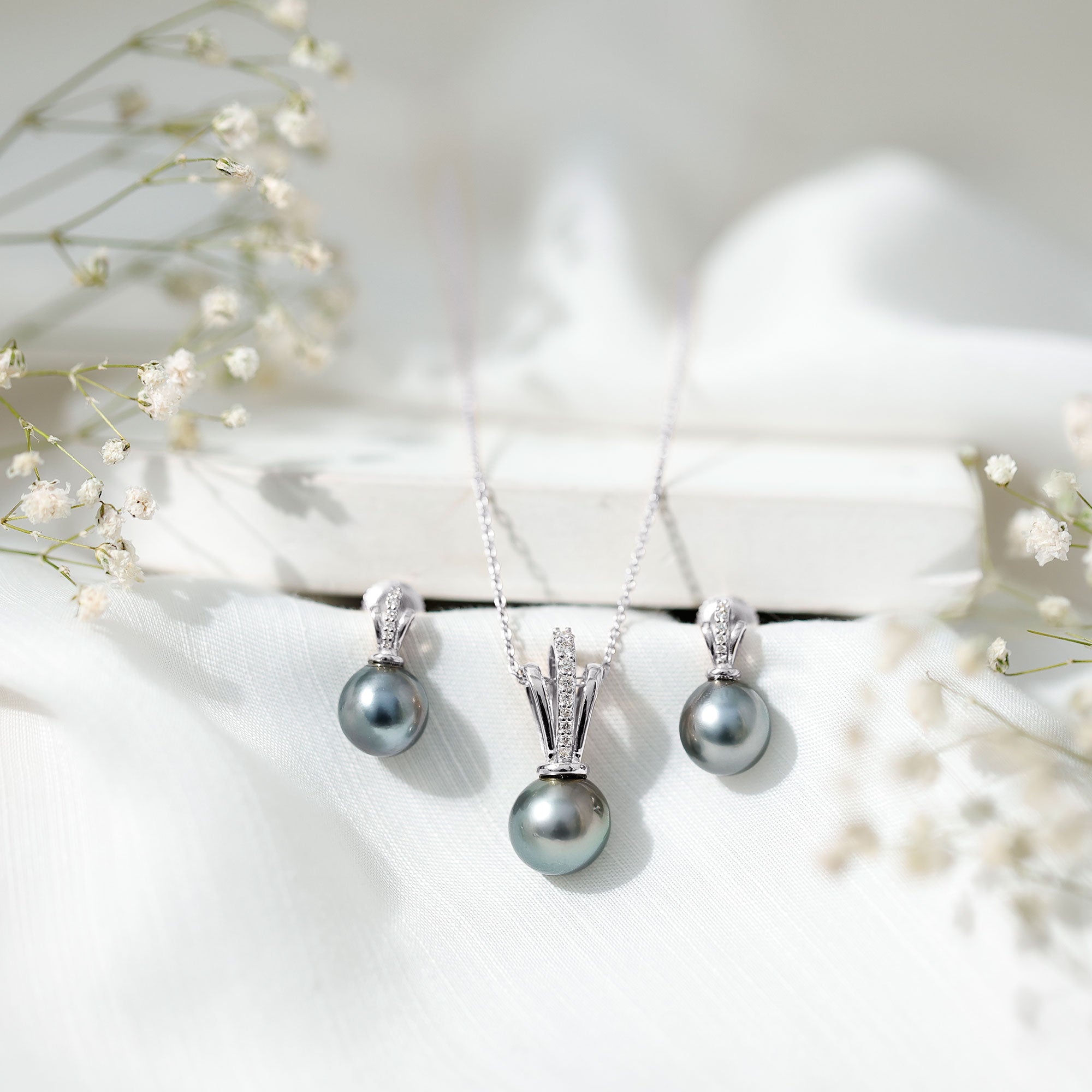 Genuine Tahitian Pearl and Diamond Drop Necklace Earrings Set AAA - Rosec Jewels