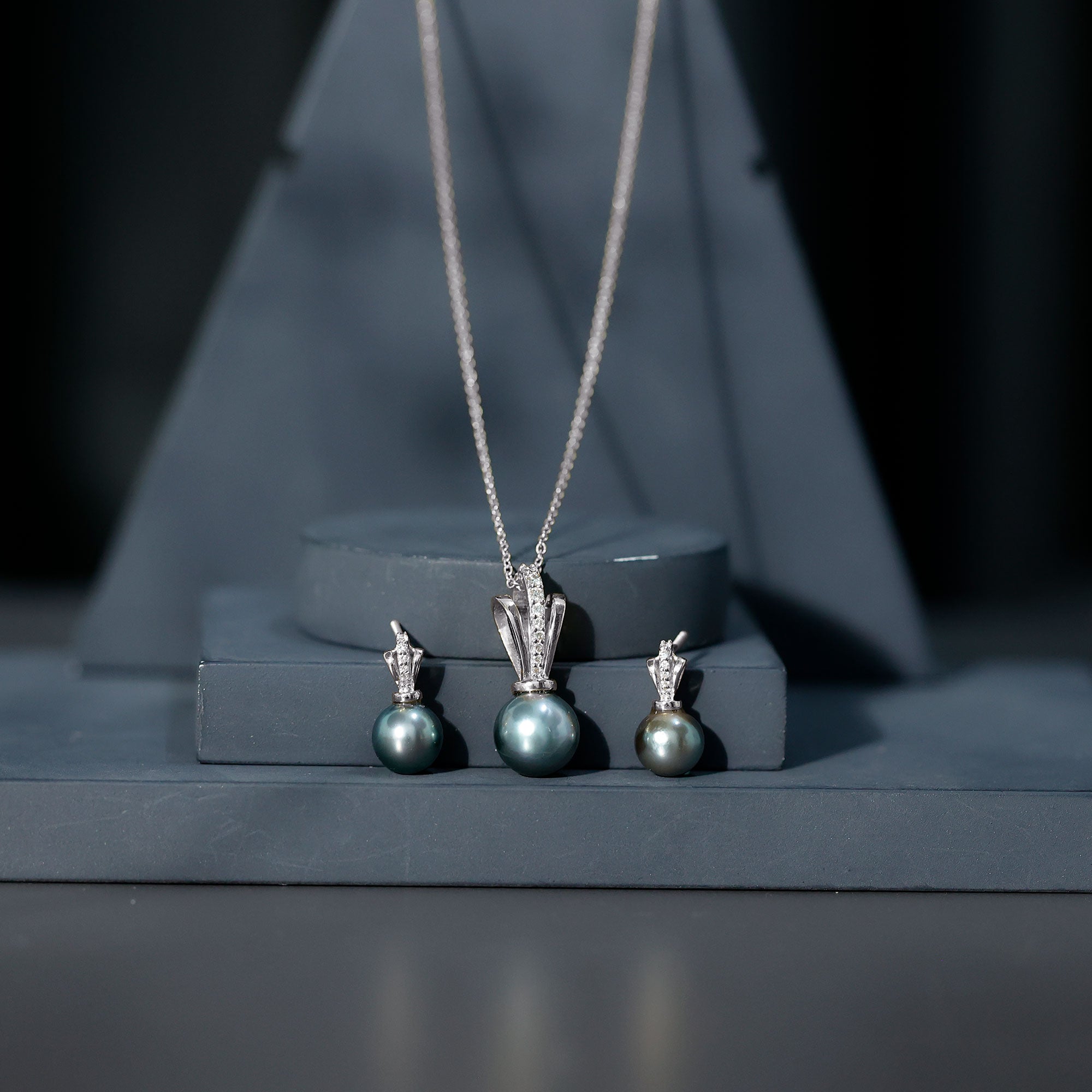 Genuine Tahitian Pearl and Diamond Drop Necklace Earrings Set AAA - Rosec Jewels