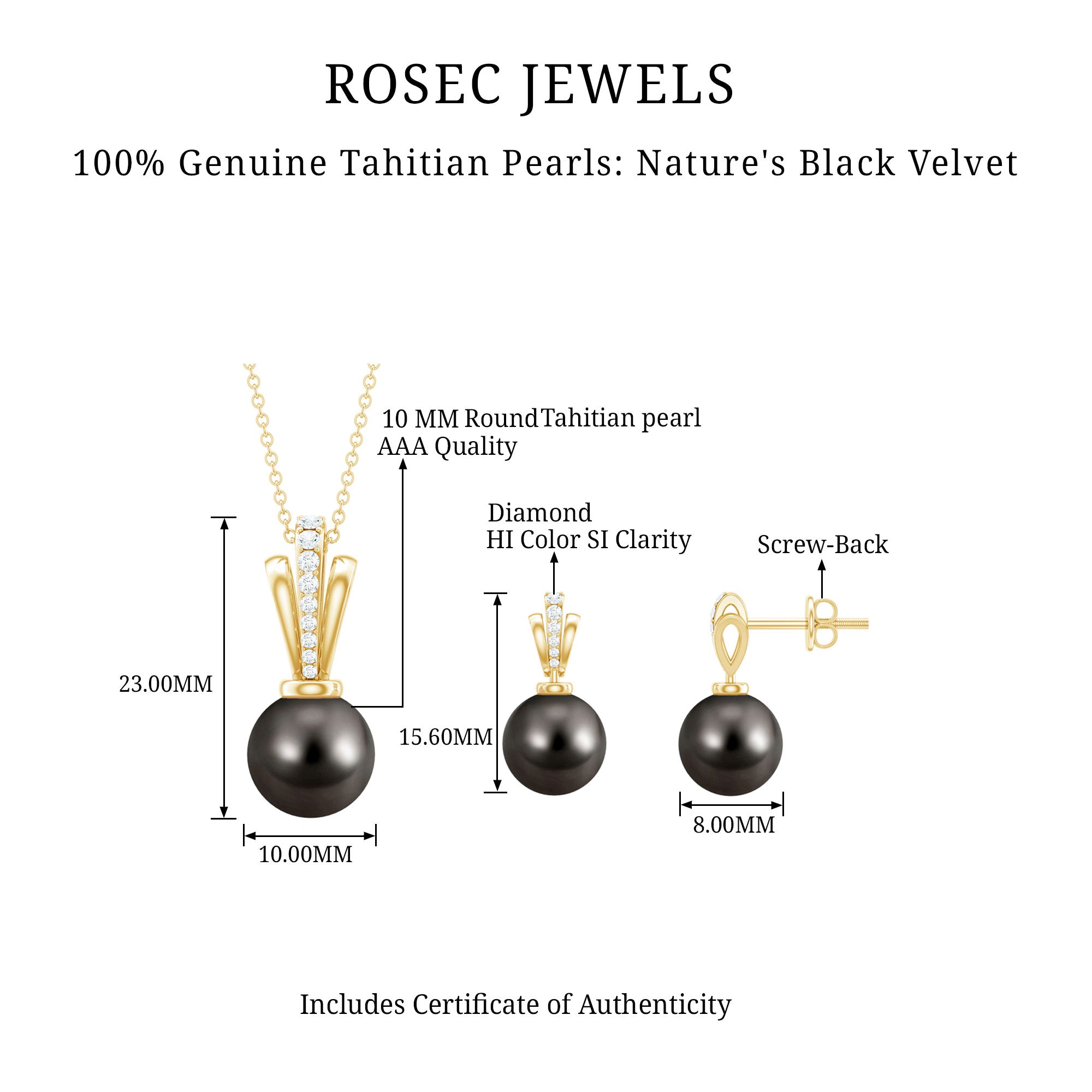 Genuine Tahitian Pearl and Diamond Drop Necklace Earrings Set AAA - Rosec Jewels