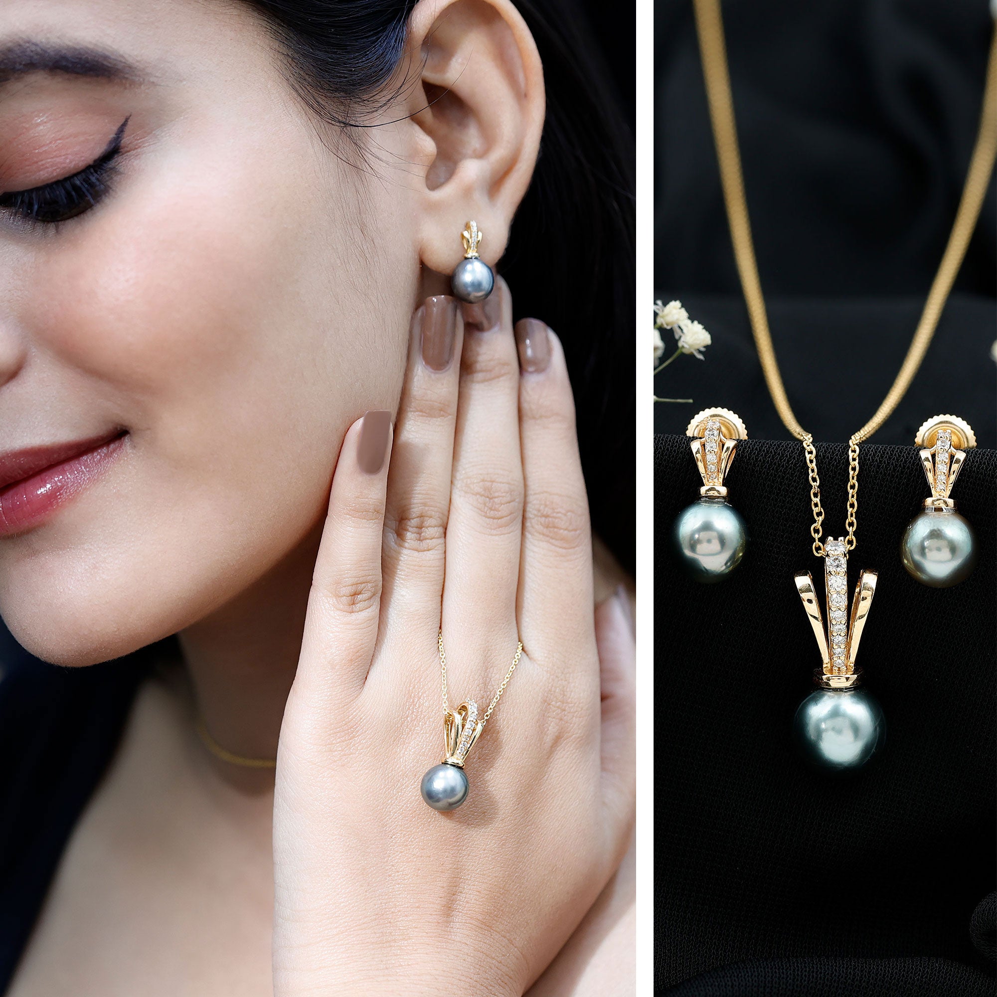 Genuine Tahitian Pearl and Diamond Drop Necklace Earrings Set AAA - Rosec Jewels