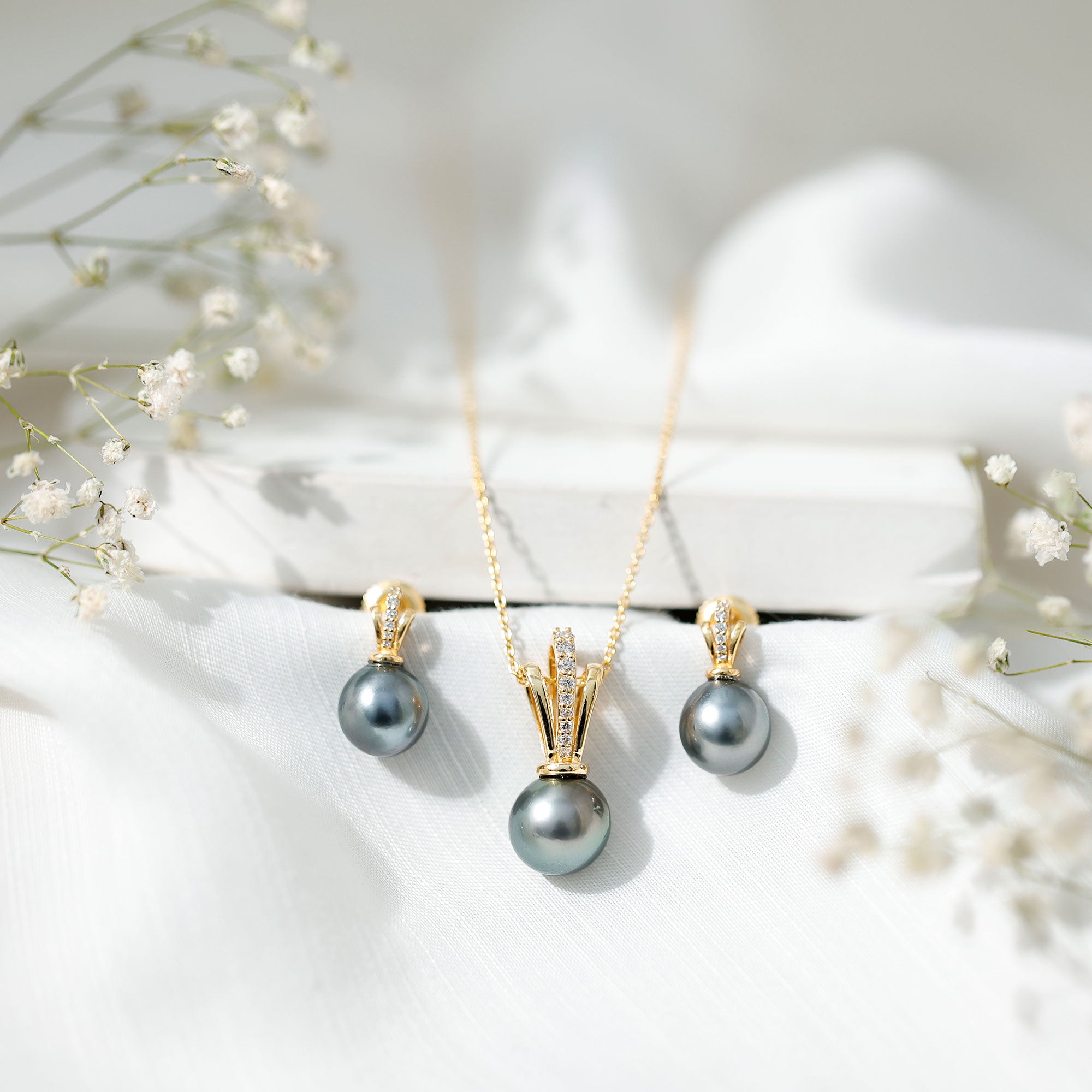 Genuine Tahitian Pearl and Diamond Drop Necklace Earrings Set AAA - Rosec Jewels