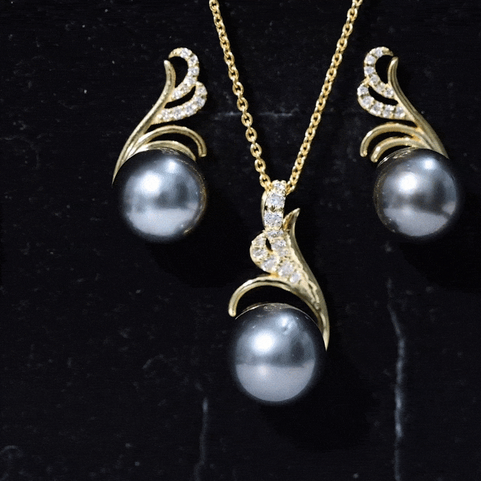 Designer Tahitian Black Pearl Necklace and Earrings Set with Diamond AAA - Rosec Jewels