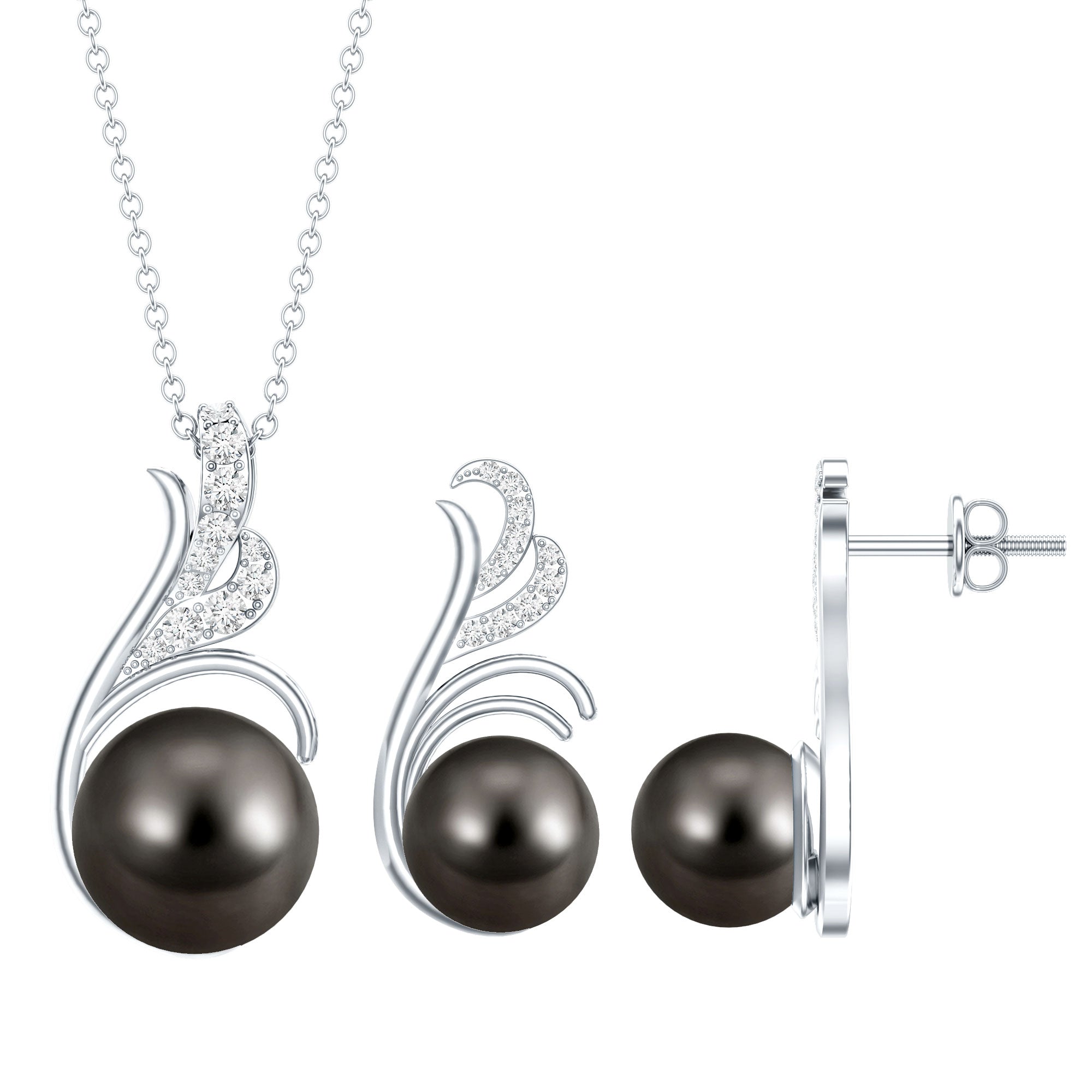 Designer Tahitian Black Pearl Necklace and Earrings Set with Diamond AAA - Rosec Jewels