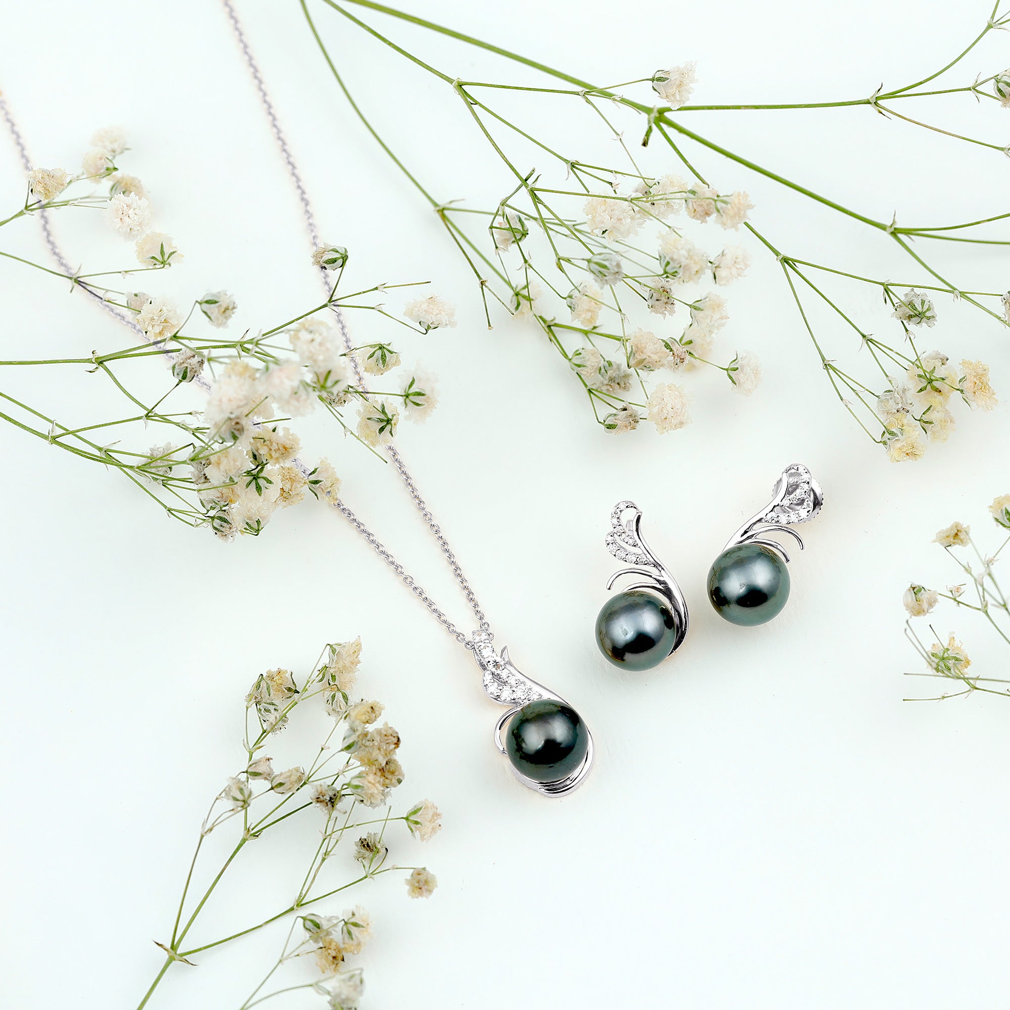 Designer Tahitian Black Pearl Necklace and Earrings Set with Diamond AAA - Rosec Jewels