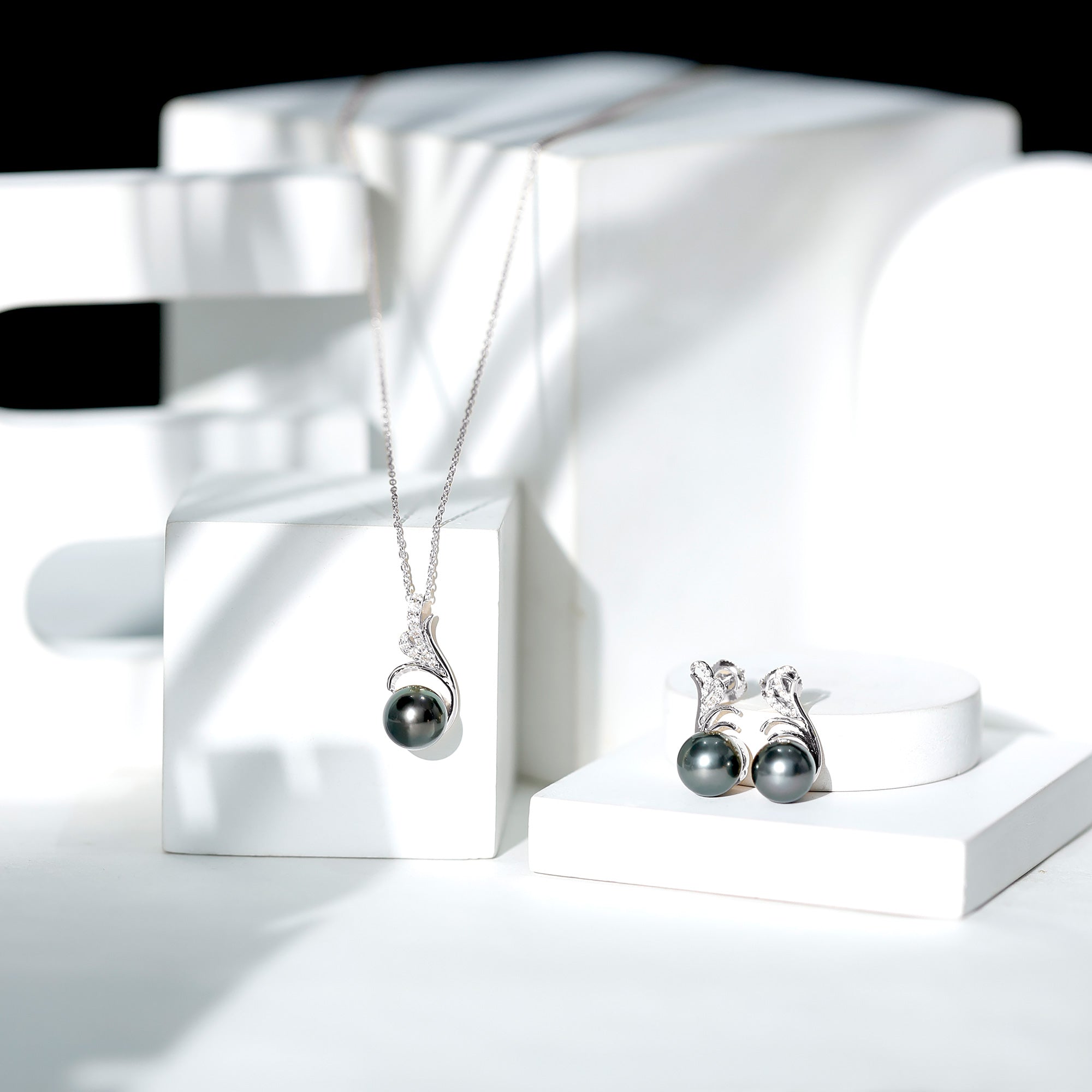 Designer Tahitian Black Pearl Necklace and Earrings Set with Diamond AAA - Rosec Jewels