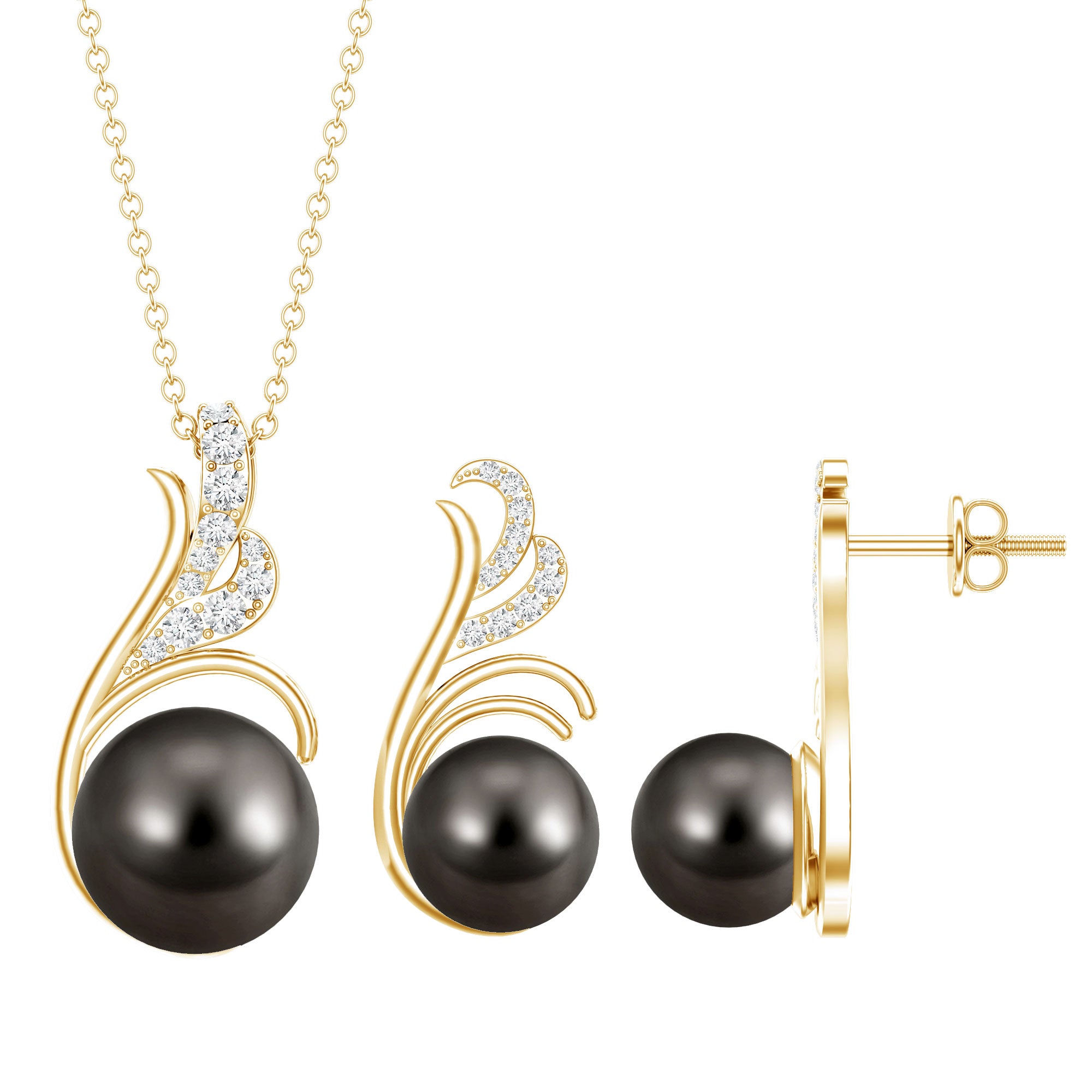 Designer Tahitian Black Pearl Necklace and Earrings Set with Diamond AAA - Rosec Jewels
