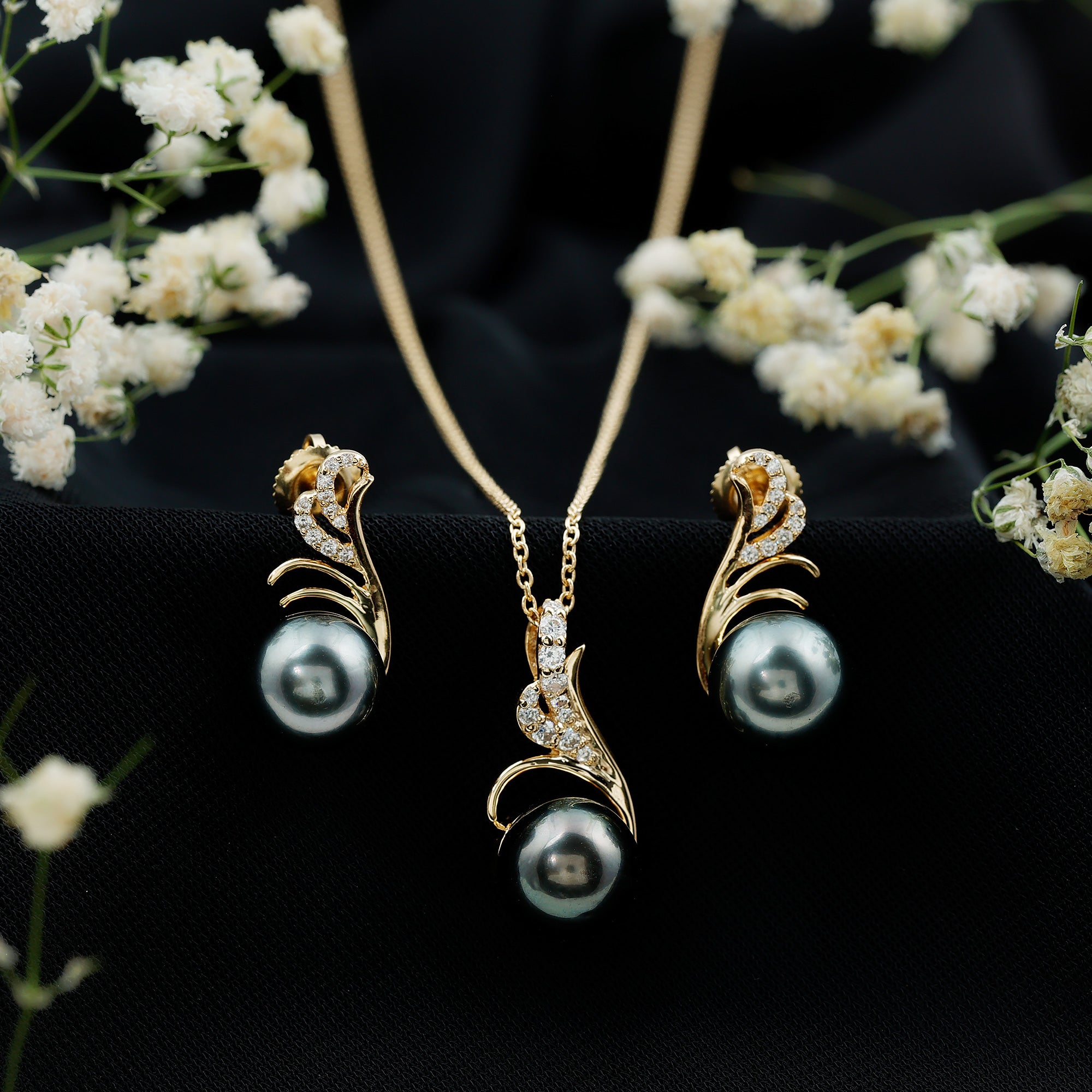 Designer Tahitian Black Pearl Necklace and Earrings Set with Diamond AAA - Rosec Jewels